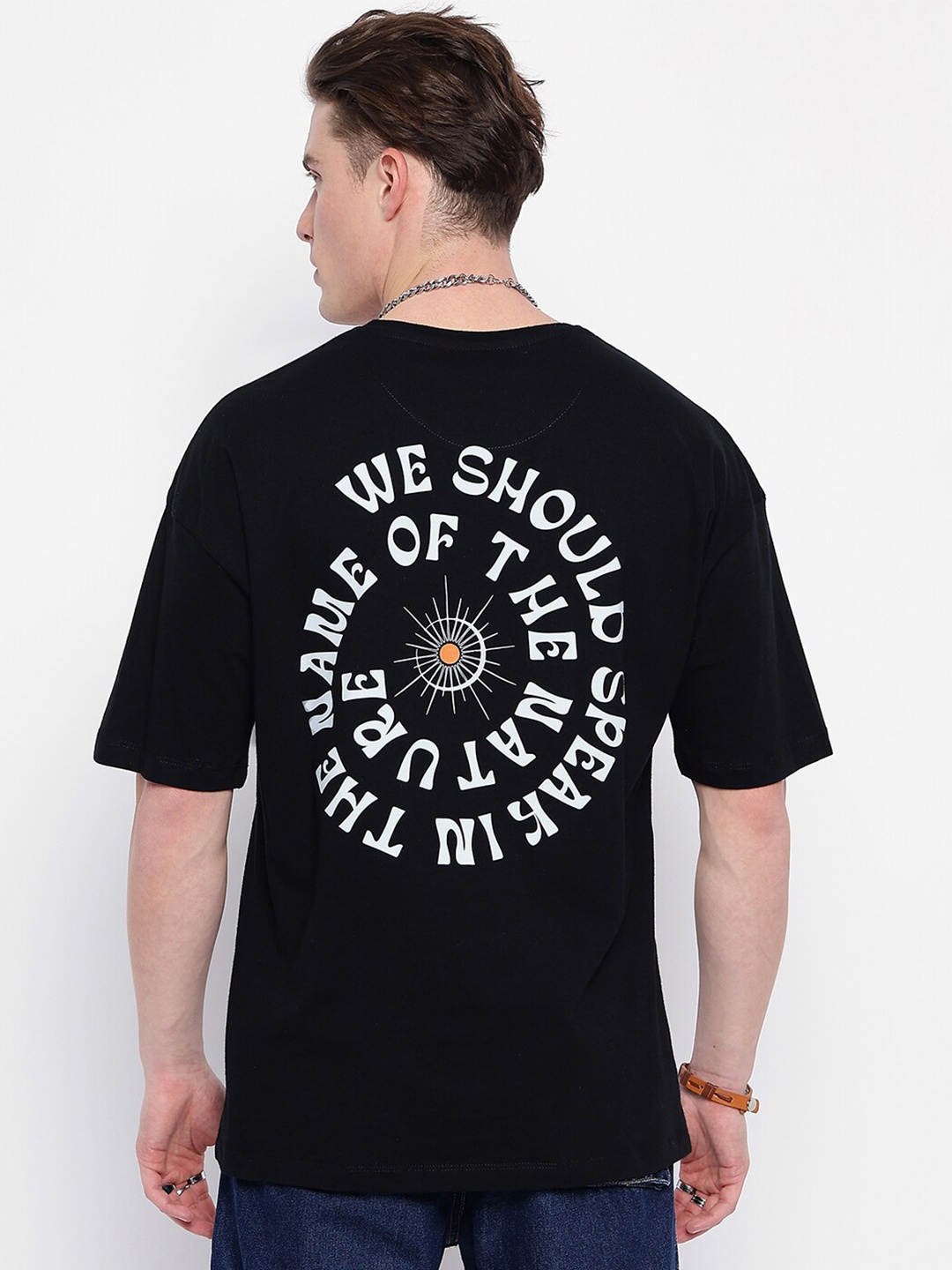 

Wear Your Mind Typography Printed Drop-Shoulder Sleeves Cotton Oversized T-shirt, Black