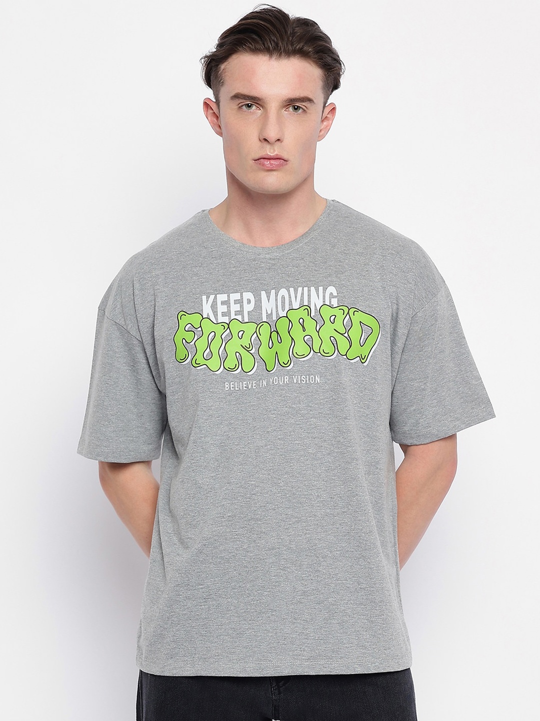 

Wear Your Mind Typography Printed Round Neck Cotton Oversized T-shirt, Grey