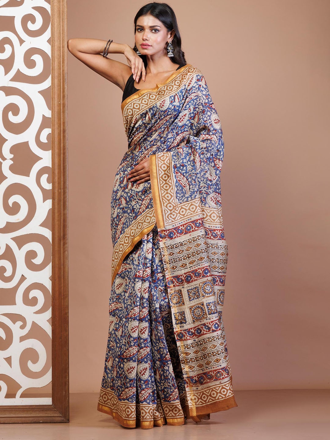 

Unnati Silks Floral Zari Silk Cotton Chanderi Saree, Blue