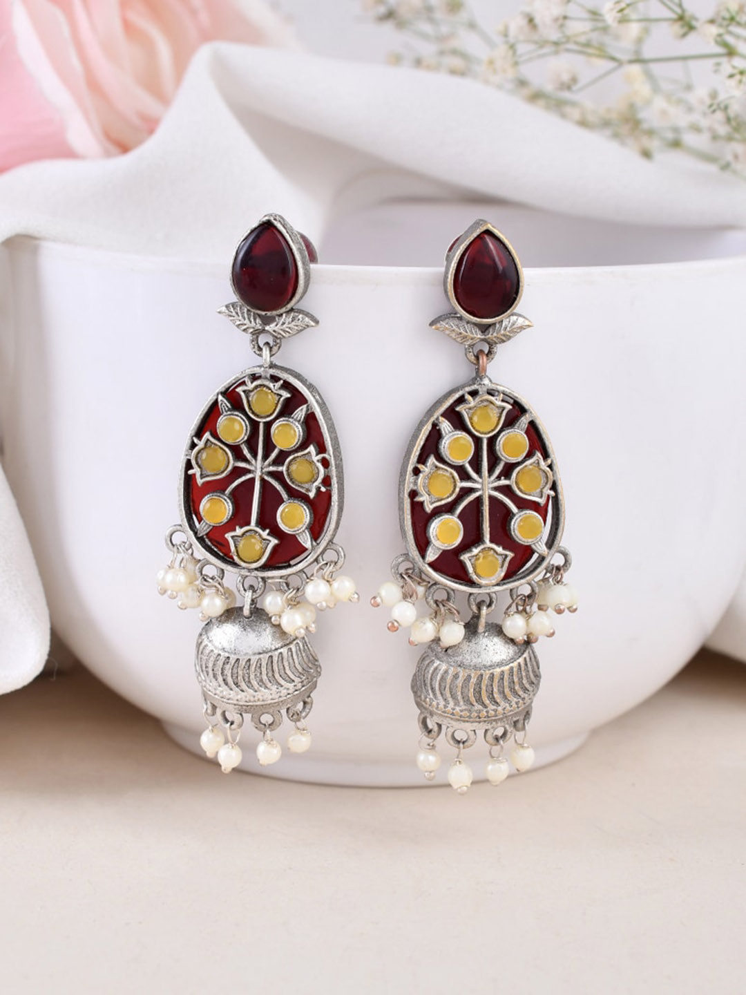 

DASTOOR Silver-Plated Beaded & Stone Studded Classic Drop Earrings