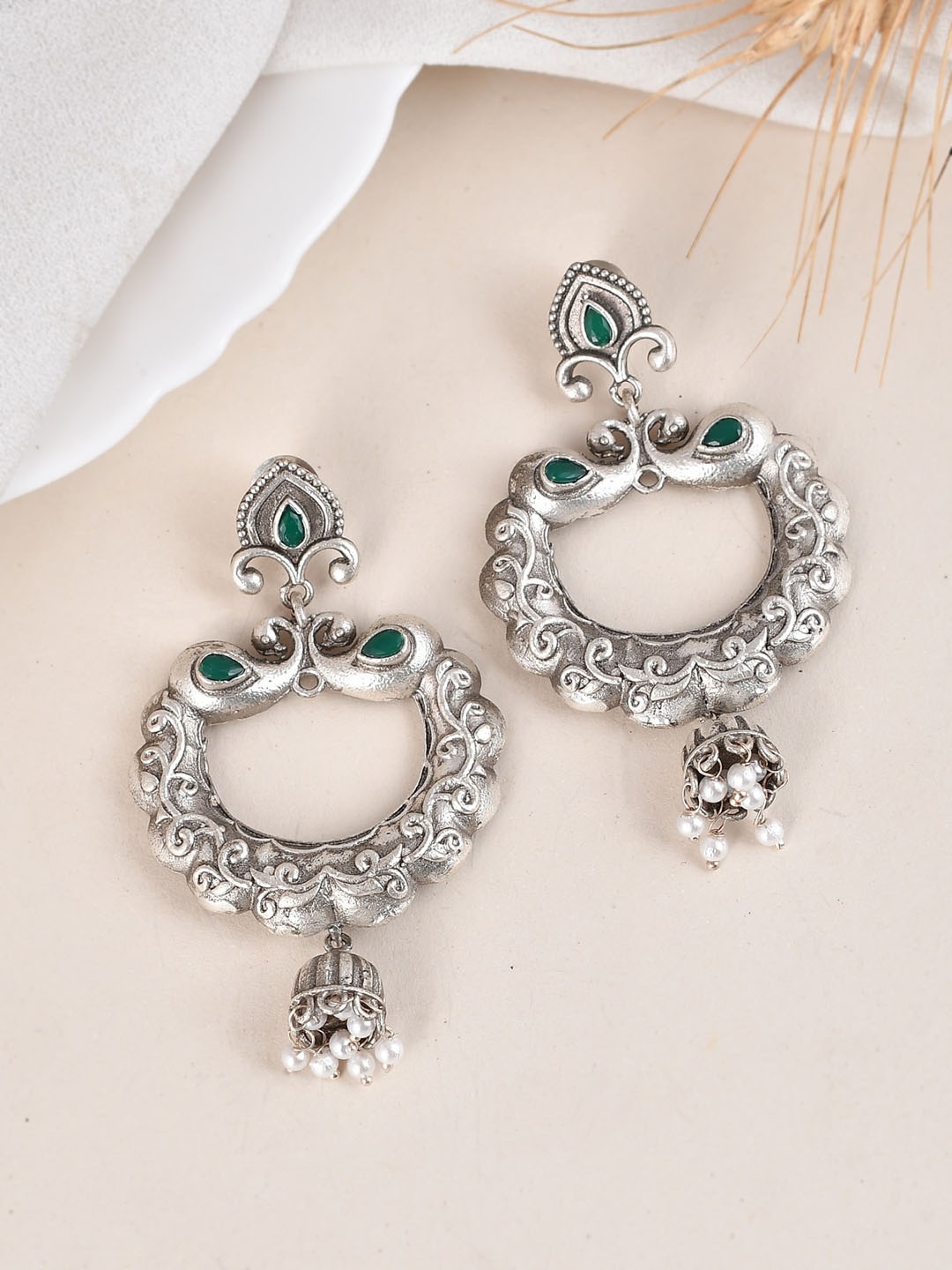 

DASTOOR Gold-Plated Stone-Studded and Beaded Brass Oxidised Drop Earrings, Silver