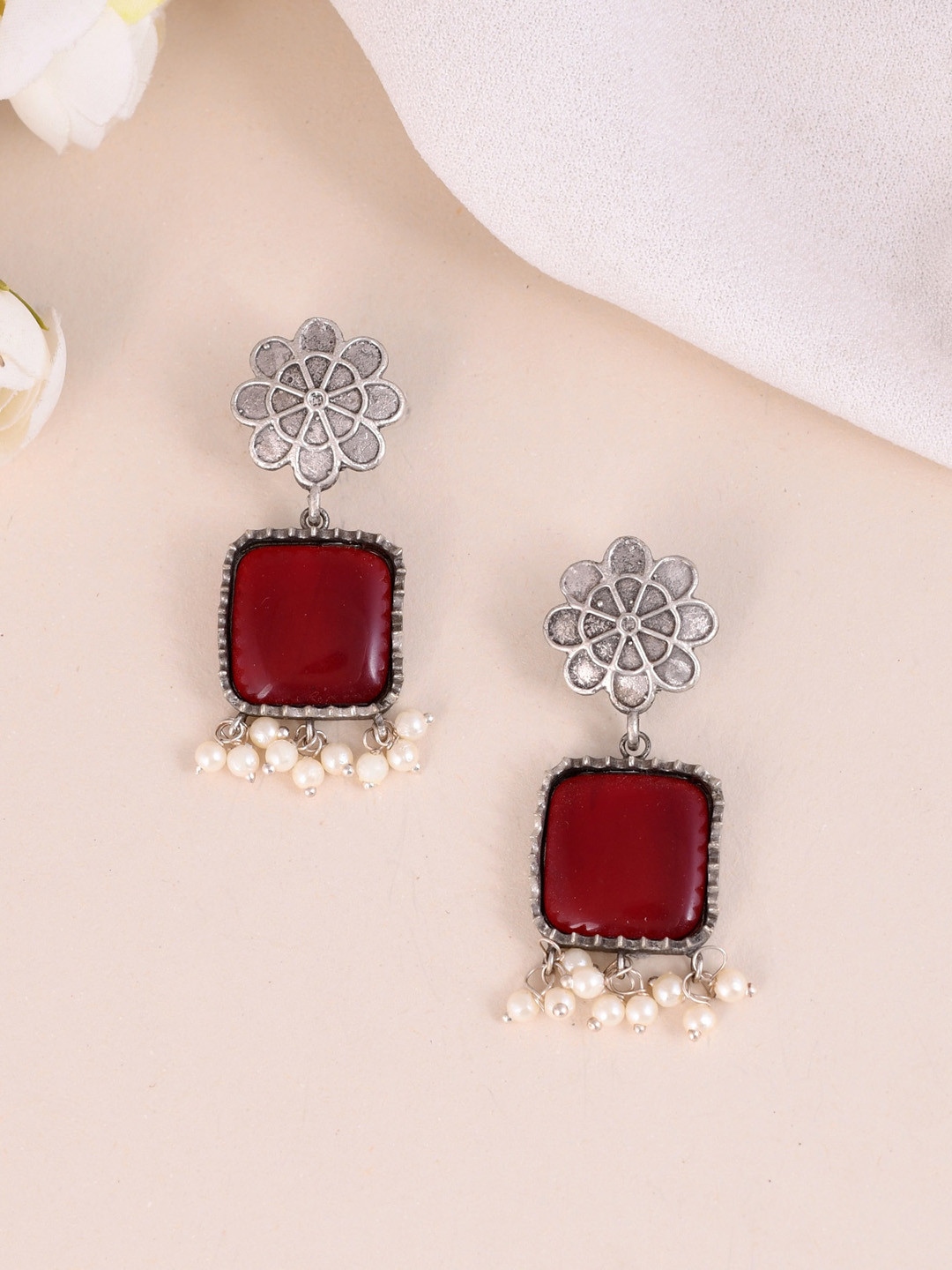 

DASTOOR Silver-Plated Beads & Stones Oxidised Drop Earrings