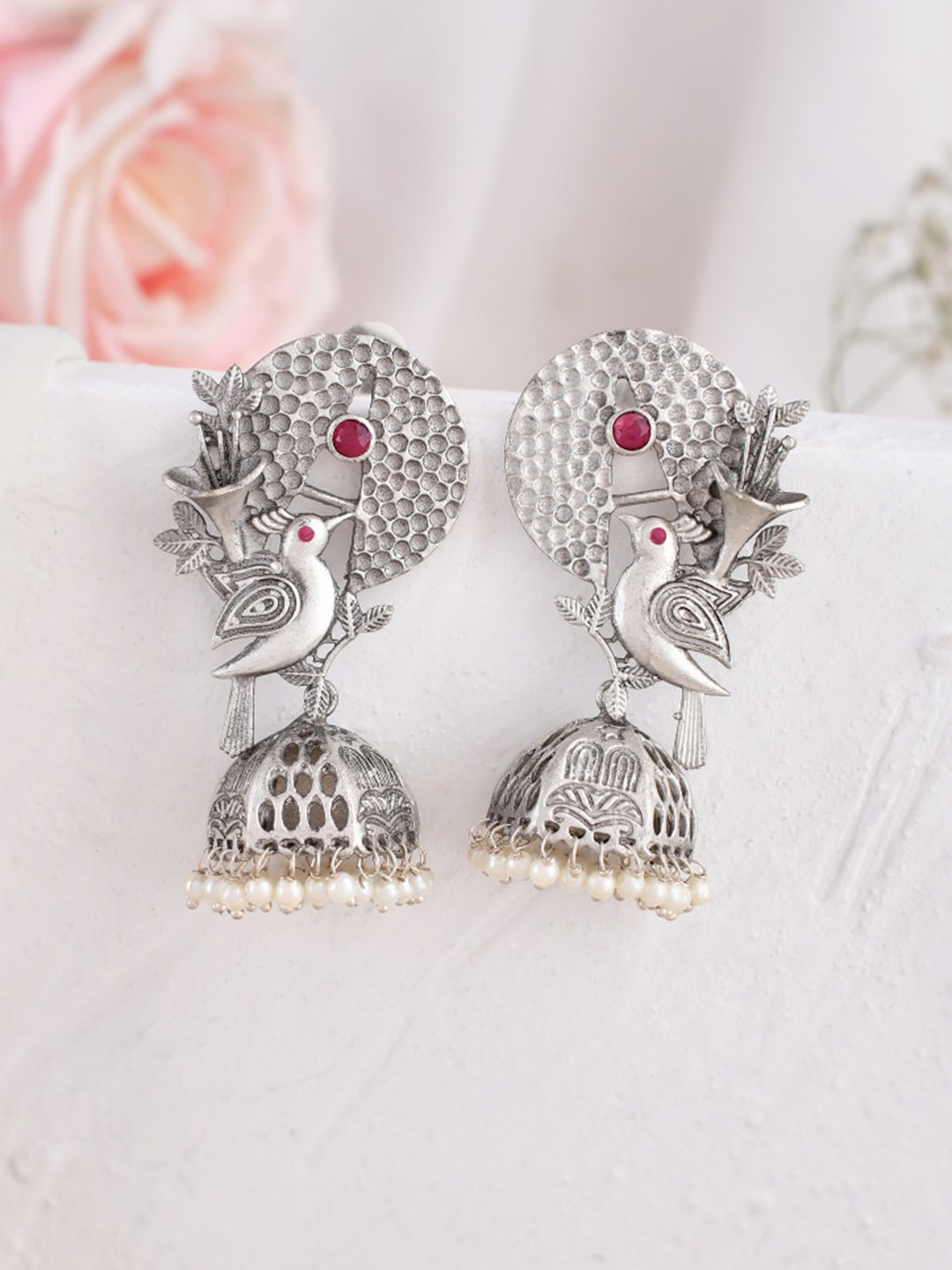 

DASTOOR Contemporary Jhumkas Earrings, Silver