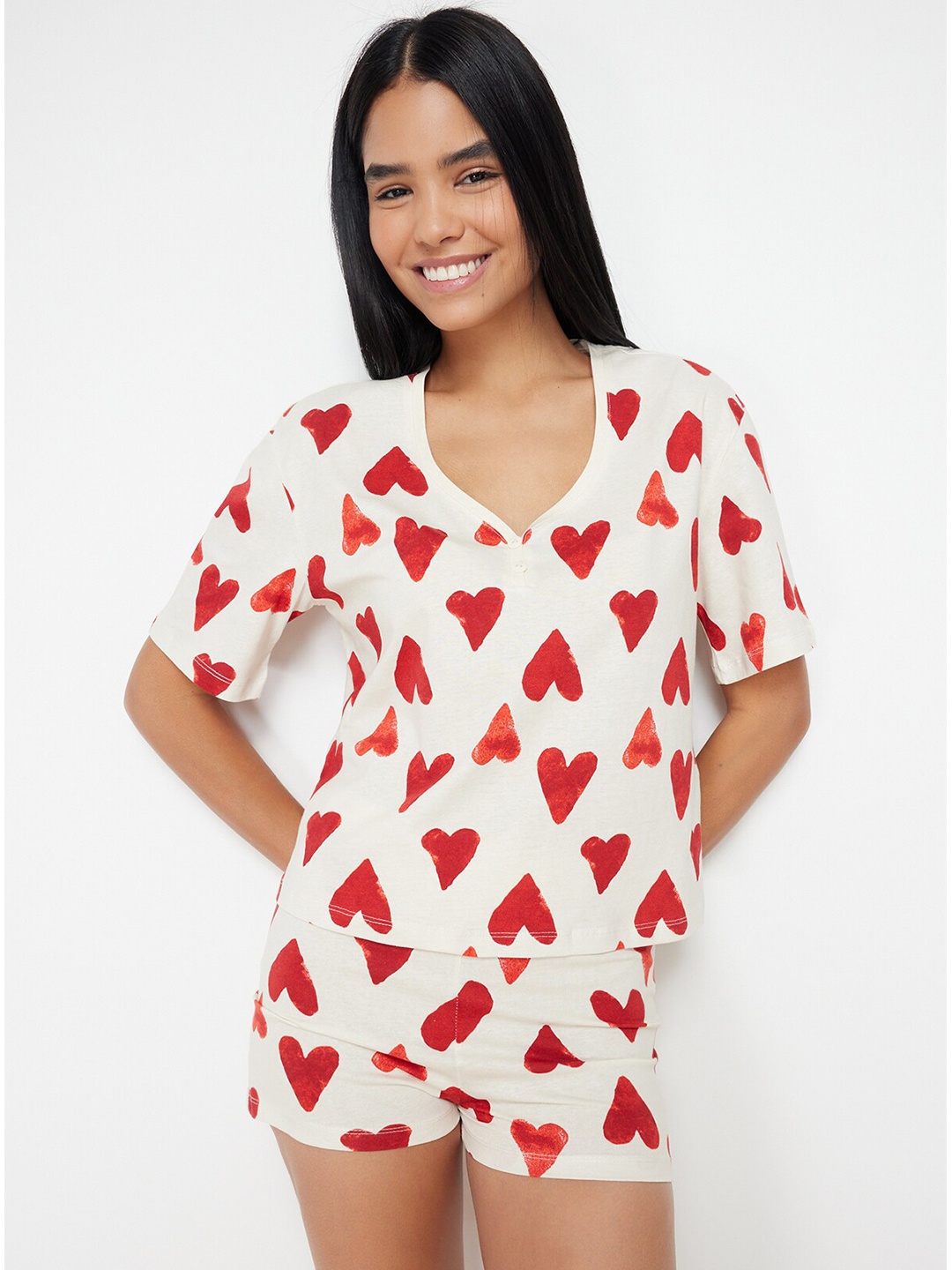 

Trendyol Conversational Printed Cotton Night suit, Off white