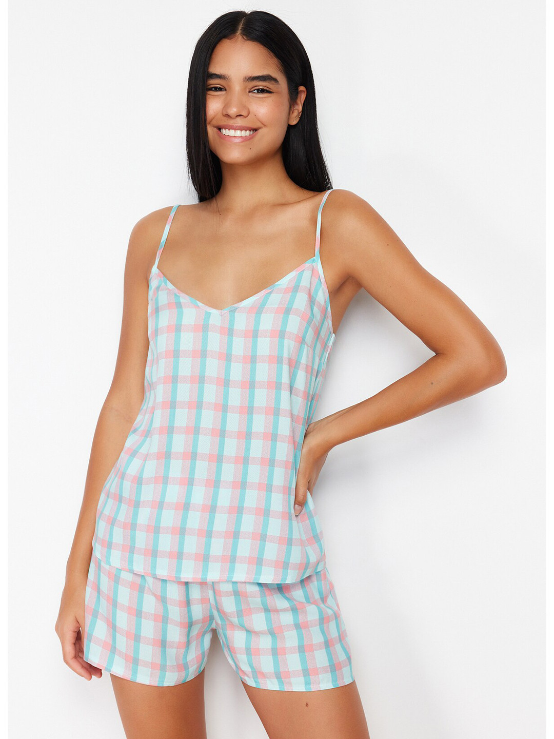 

Trendyol Checked Shoulder Strap Night suit, Blue