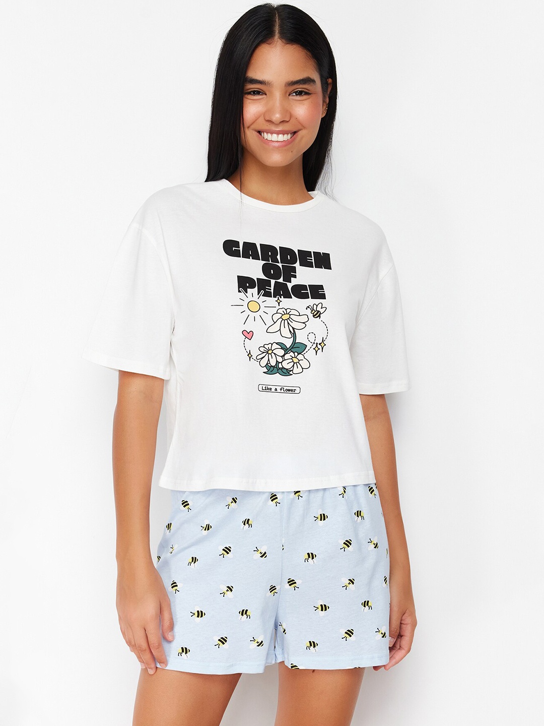 

Trendyol Typography Printed Cotton Night suit, White