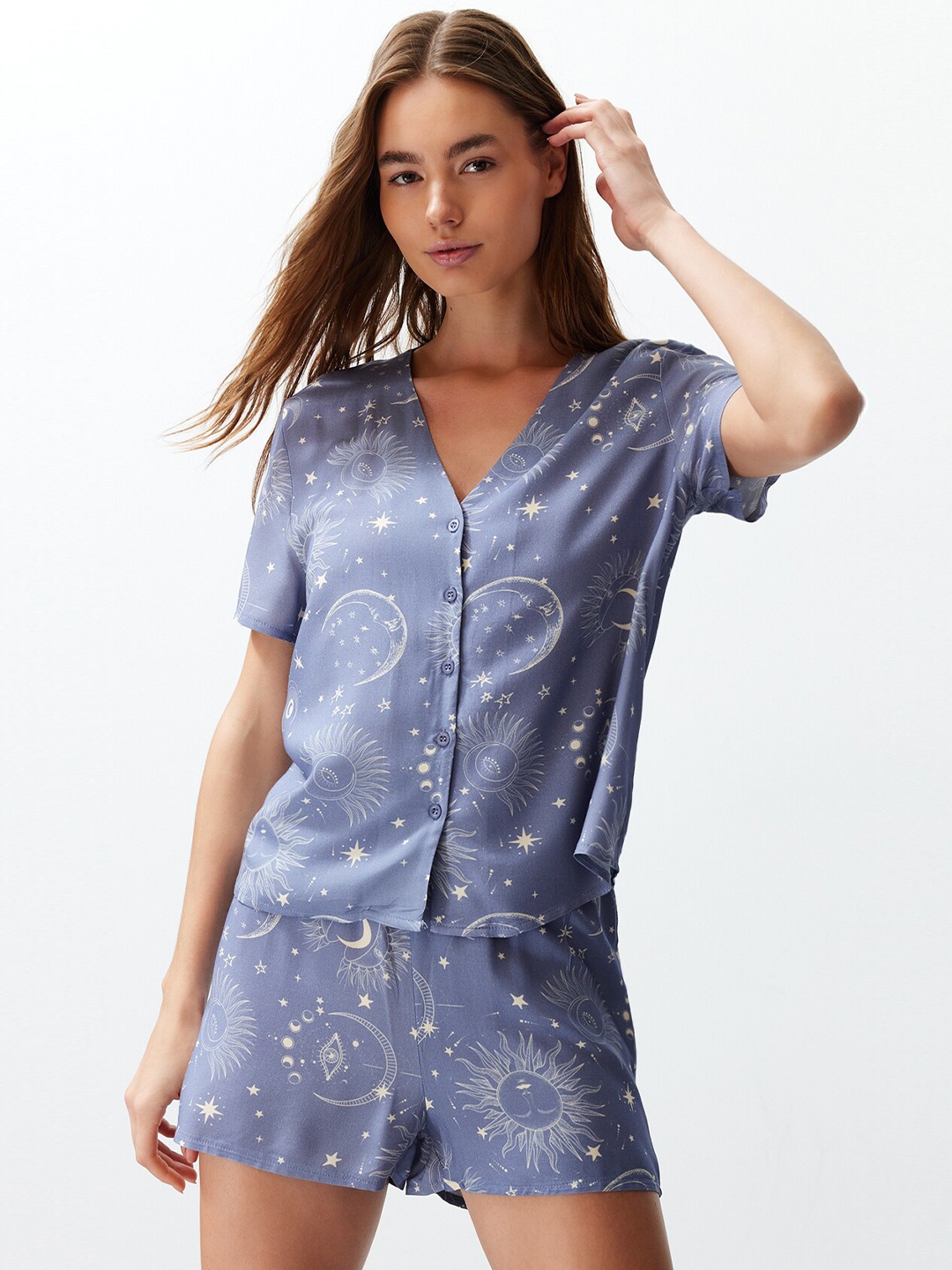 

Trendyol Conversational Printed Night suit, Blue