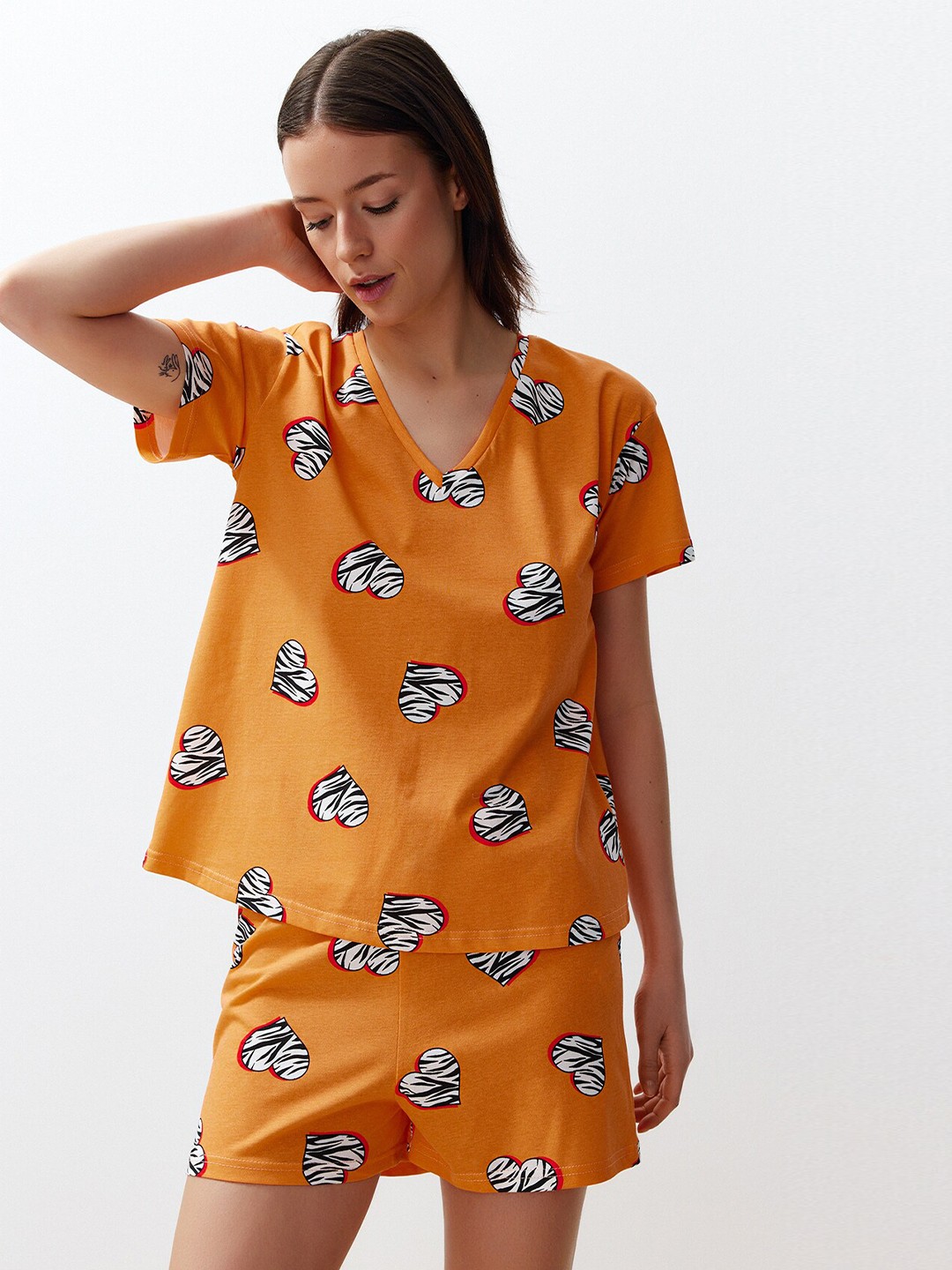 

Trendyol Conversational Printed Cotton Night suit, Orange