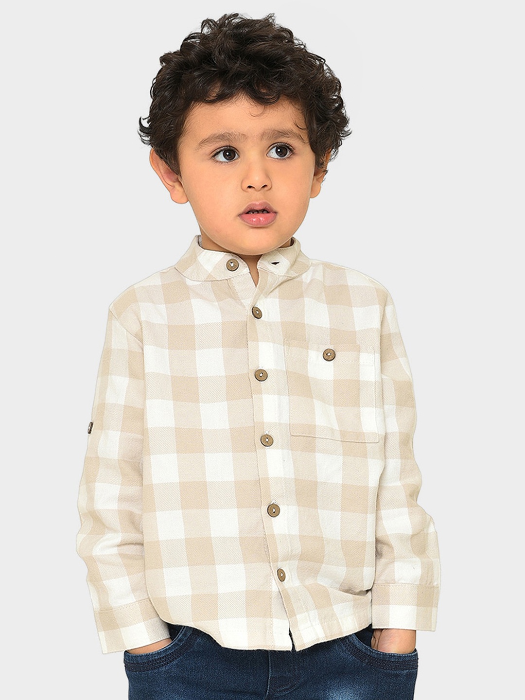 

MiArcus Boys Comfort Gingham Checked Mandarin Collar Cotton Casual Shirt, Beige