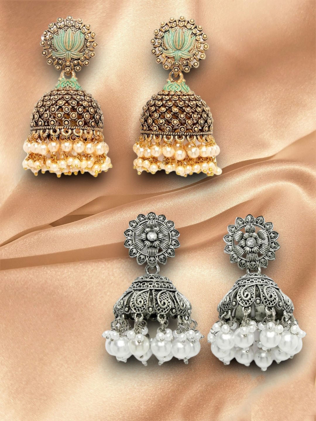 

ADIVA Set Of 2 Gold & Silver-Plated Beaded Dome Shaped Jhumkas