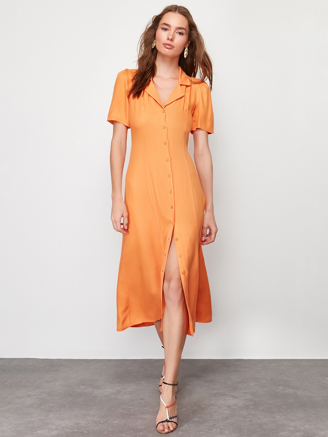 

Trendyol Puff Sleeve Shirt Midi Dress, Orange