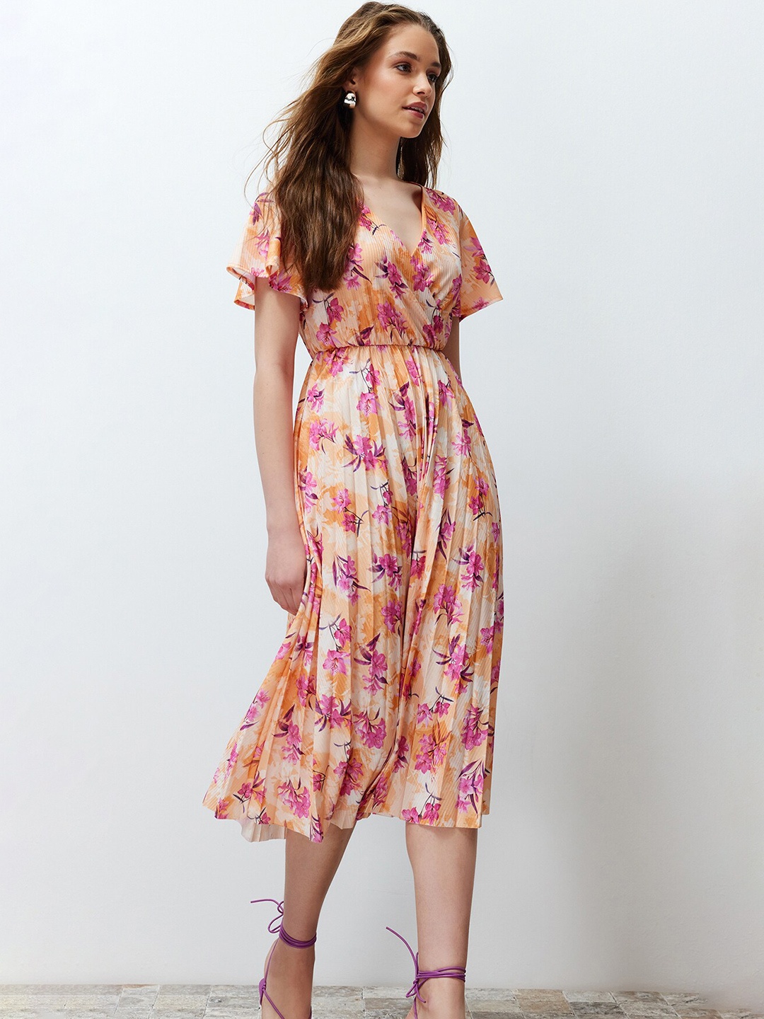 

Trendyol Floral Print Empire Midi Dress, Orange