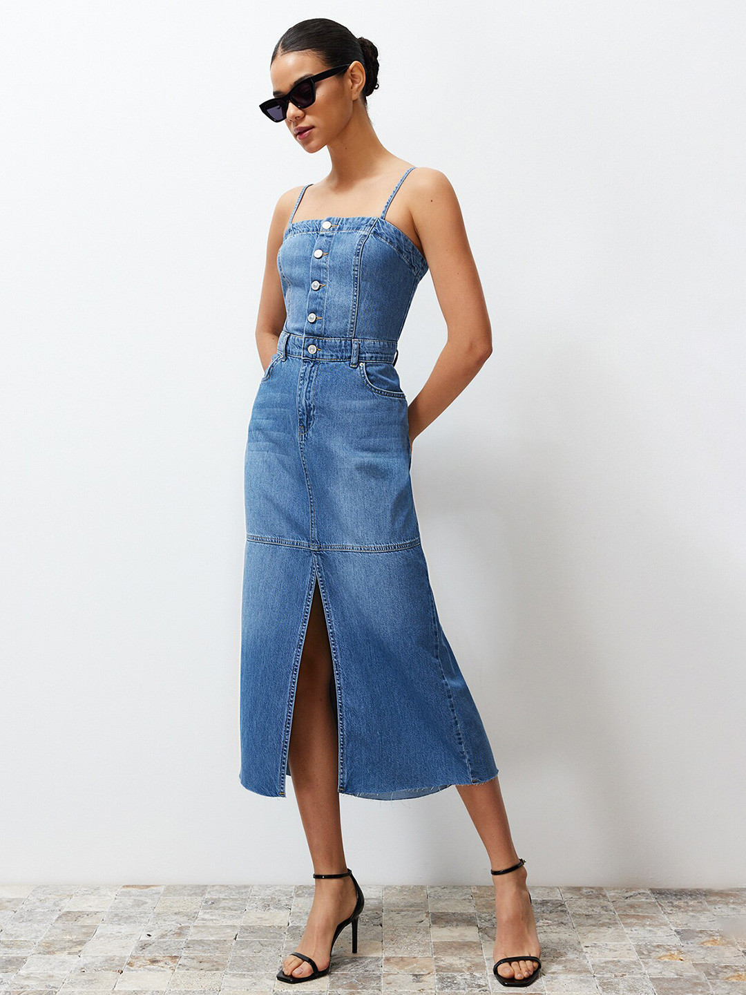 

Trendyol Shoulder Straps Pure Cotton A-Line Midi Dress, Blue