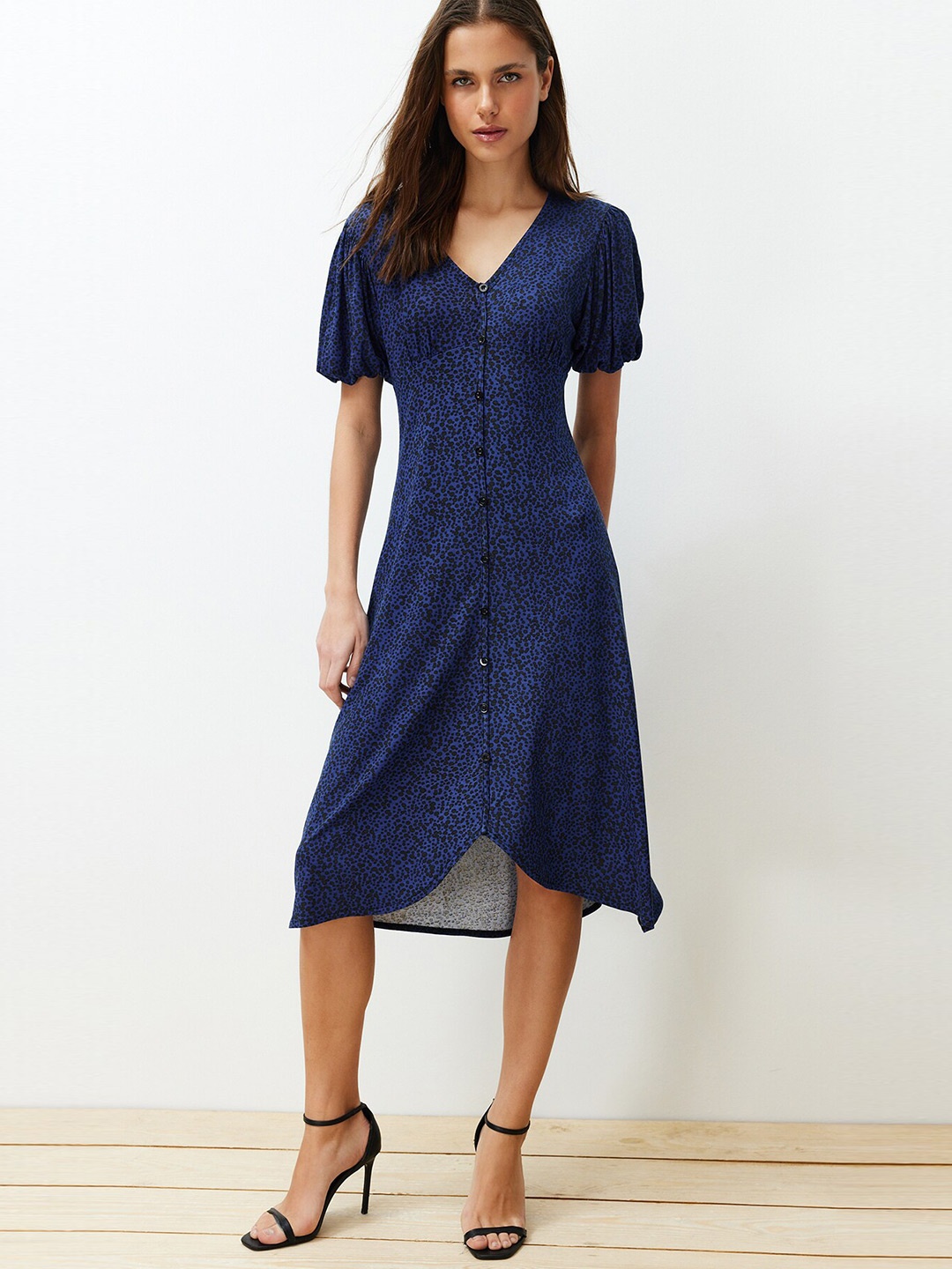 

Trendyol Animal Print Puff Sleeve A-Line Midi Dress, Blue