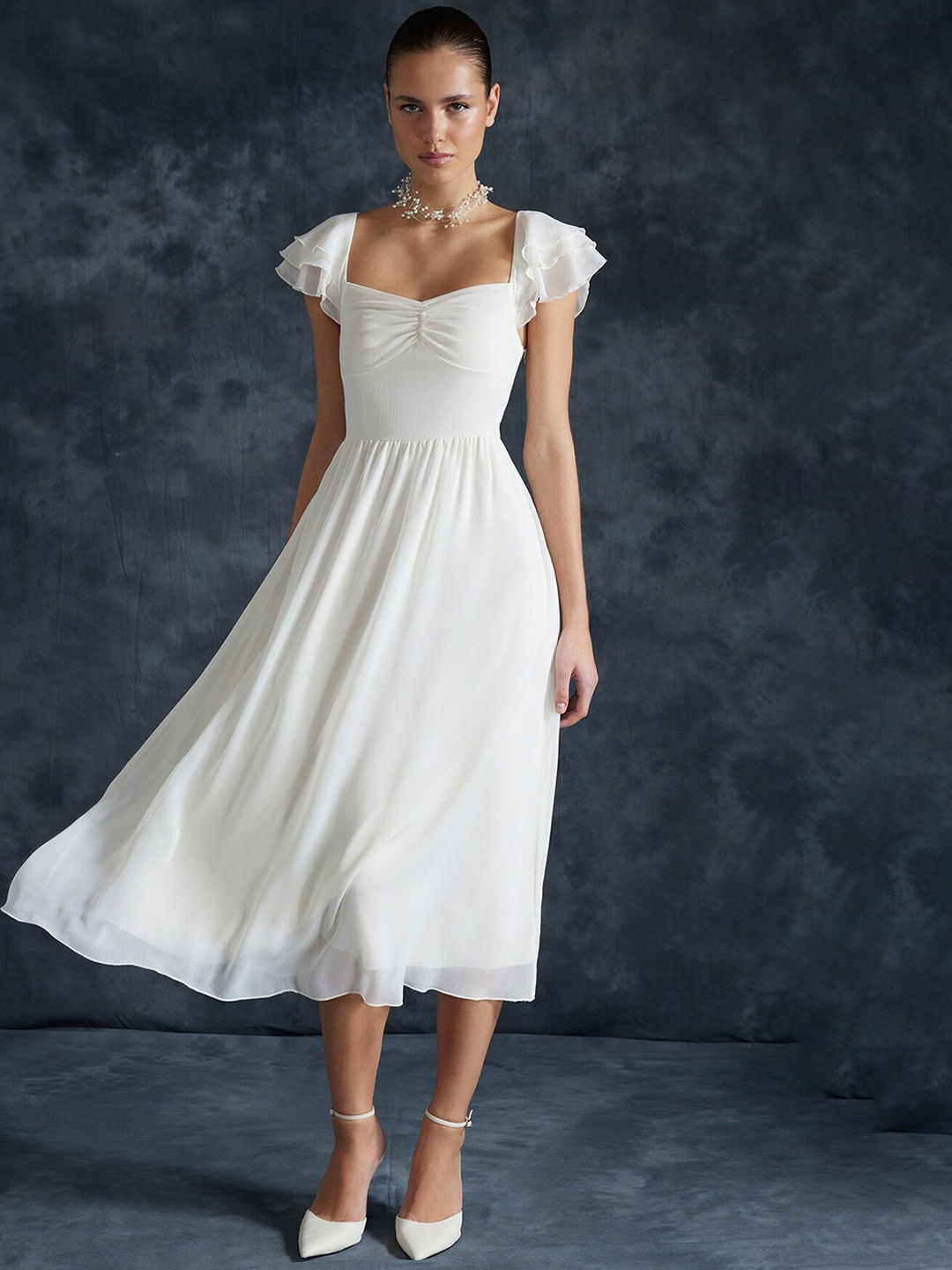 

Trendyol Flutter Sleeve Square Neck Fit & Flare Midi Dress, White