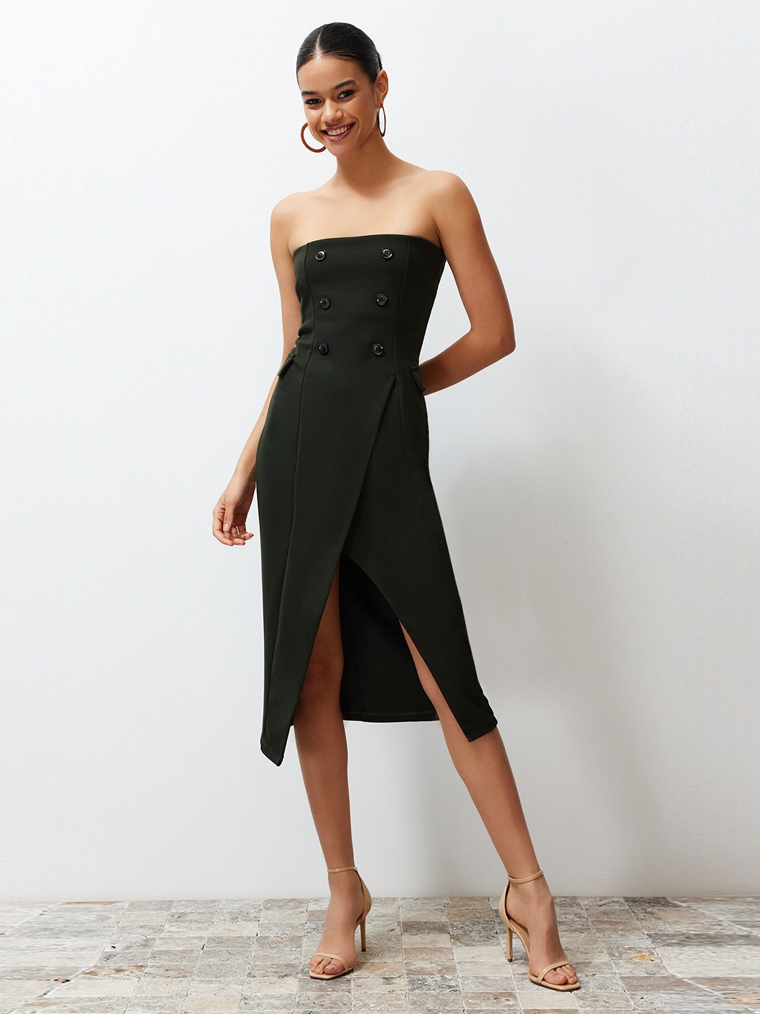 

Trendyol Strapless Sleeveless Bodycon Midi Dress, Khaki