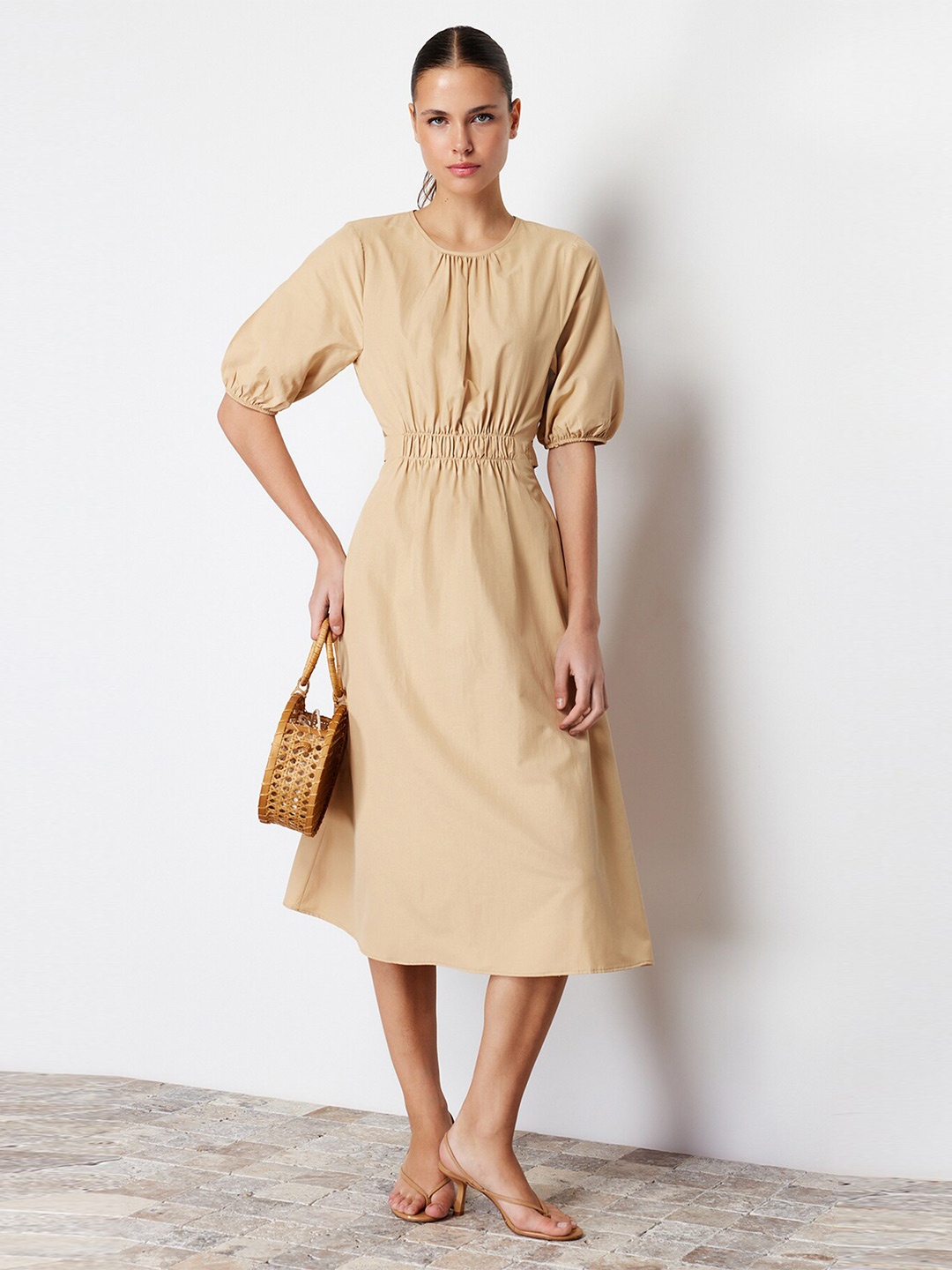 

Trendyol Puff Sleeve Fit & Flare Midi Dress, Camel brown