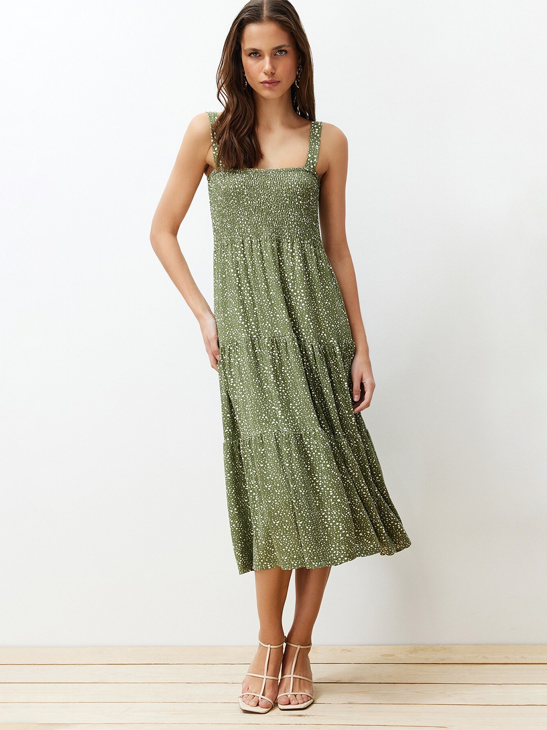 

Trendyol Polka Dot Print Smocked A-Line Midi Dress, Green