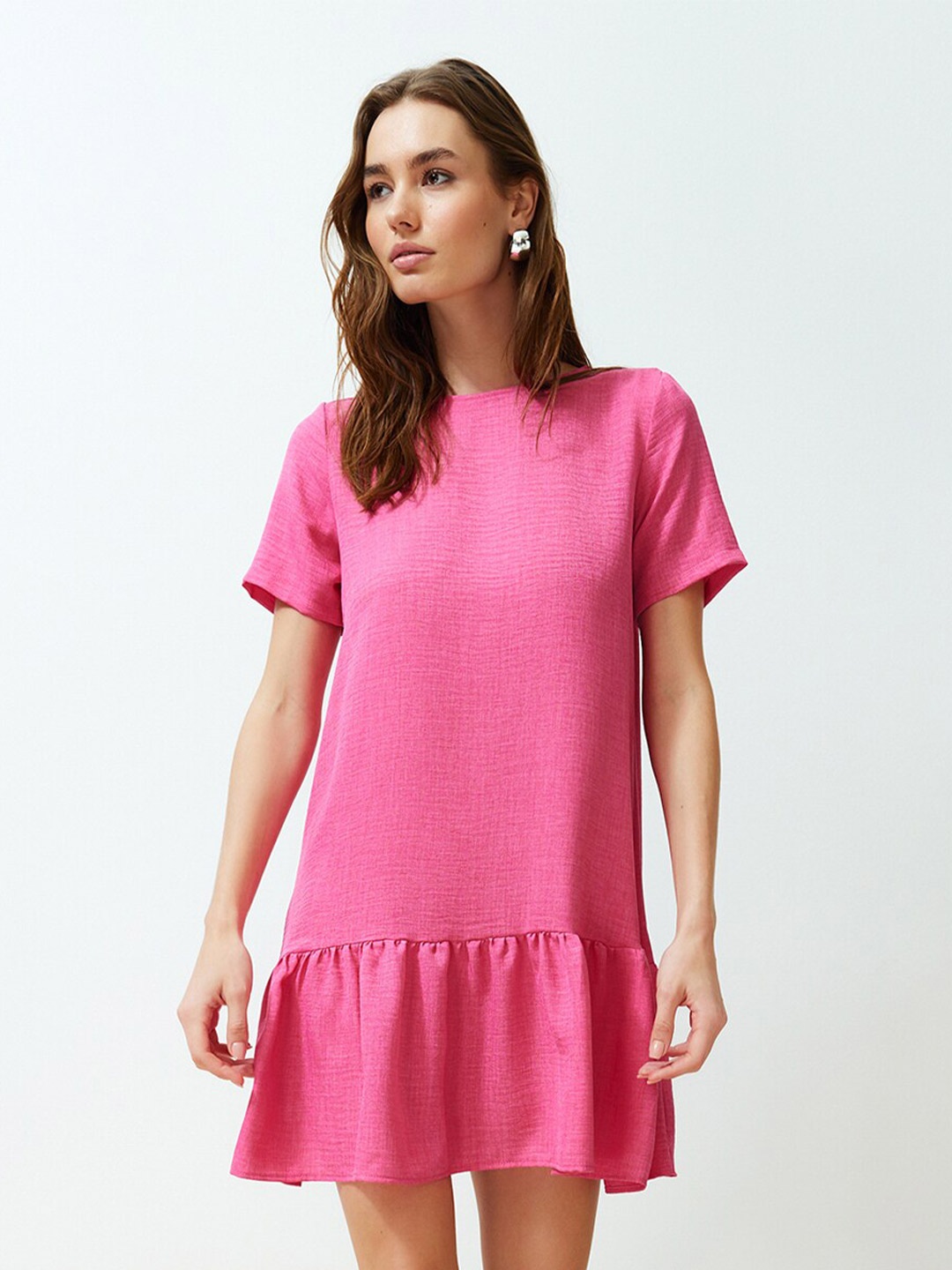 

Trendyol Round Neck Drop-Waist Dress, Pink