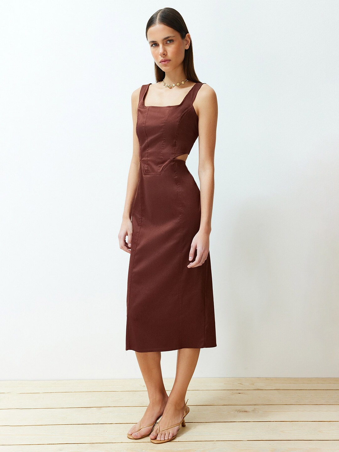 

Trendyol Shoulder Straps Pure Cotton Sheath Midi Dress, Brown