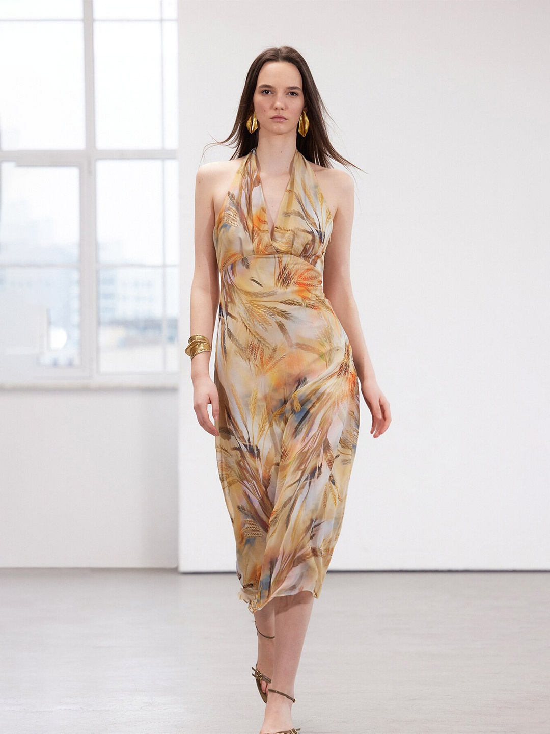 

Trendyol Tropical Printed Halter Neck Midi Sheath Dress, Brown