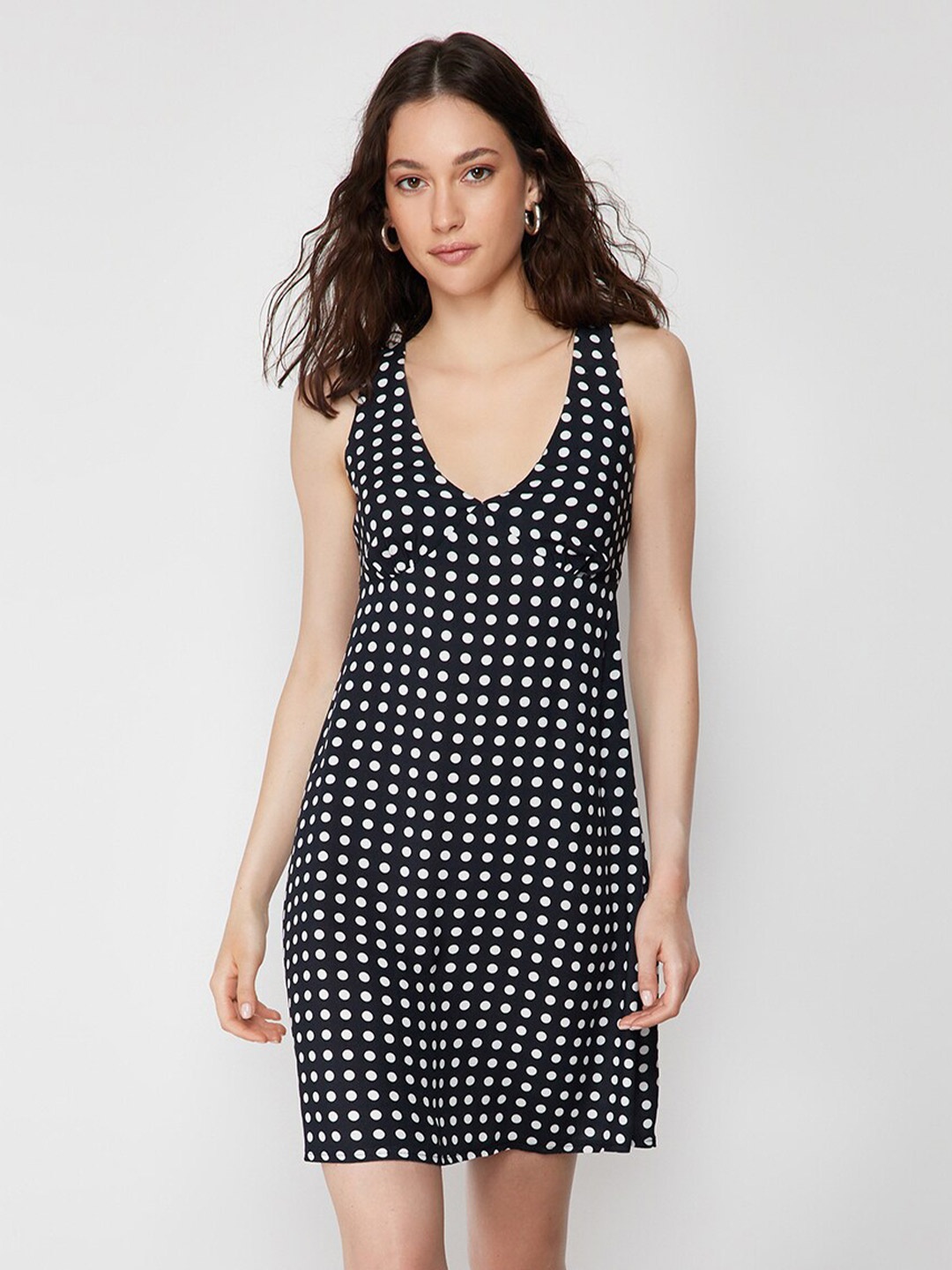 

Trendyol Polka Dot Print V-Neck A-Line Dress, Black