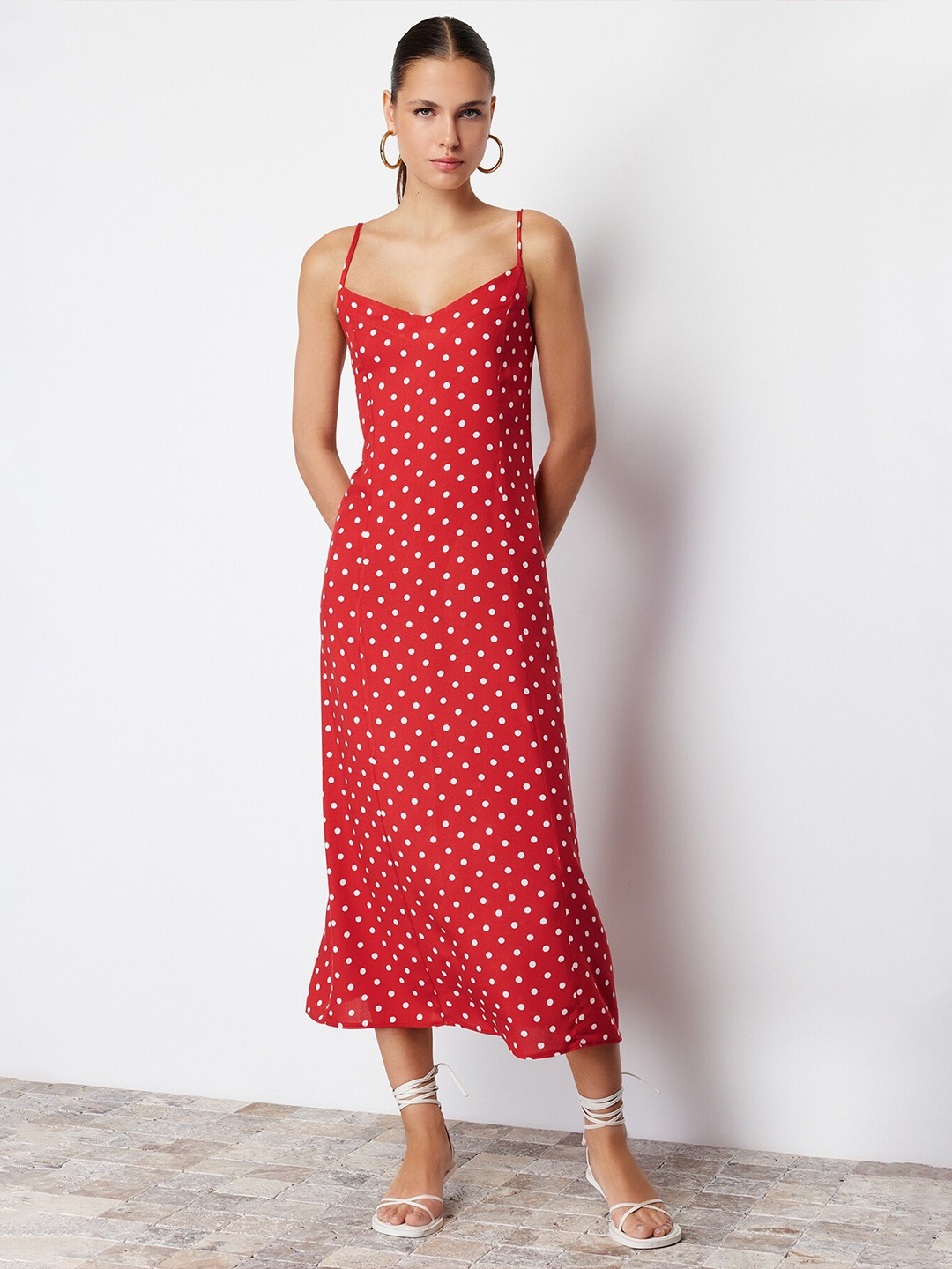

Trendyol Polka Dot Print Shoulder Straps A-Line Midi Dress, Red