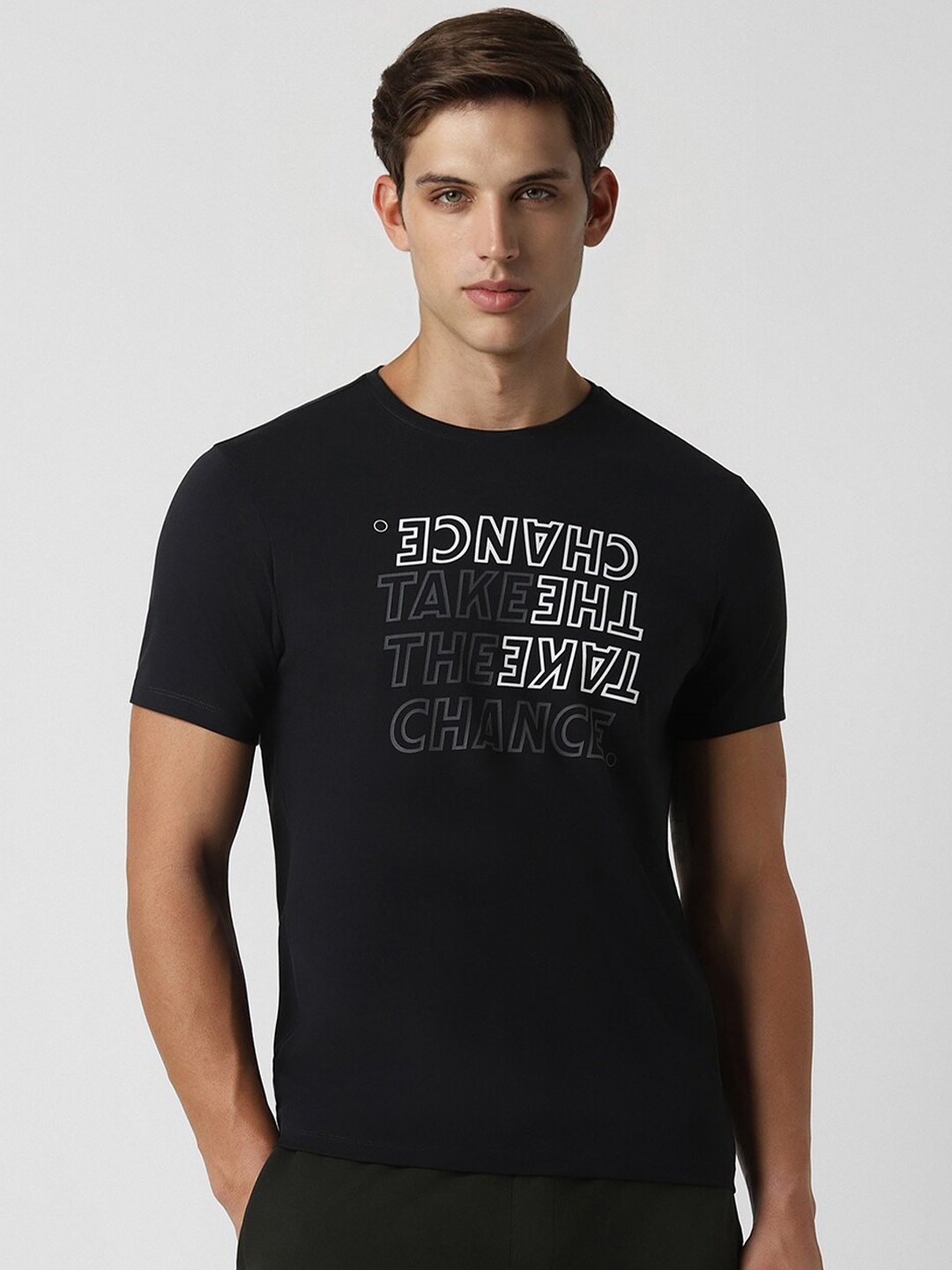 

Van Heusen Flex Typography Printed Round Neck Short Sleeves Slim Fit T-shirt, Black