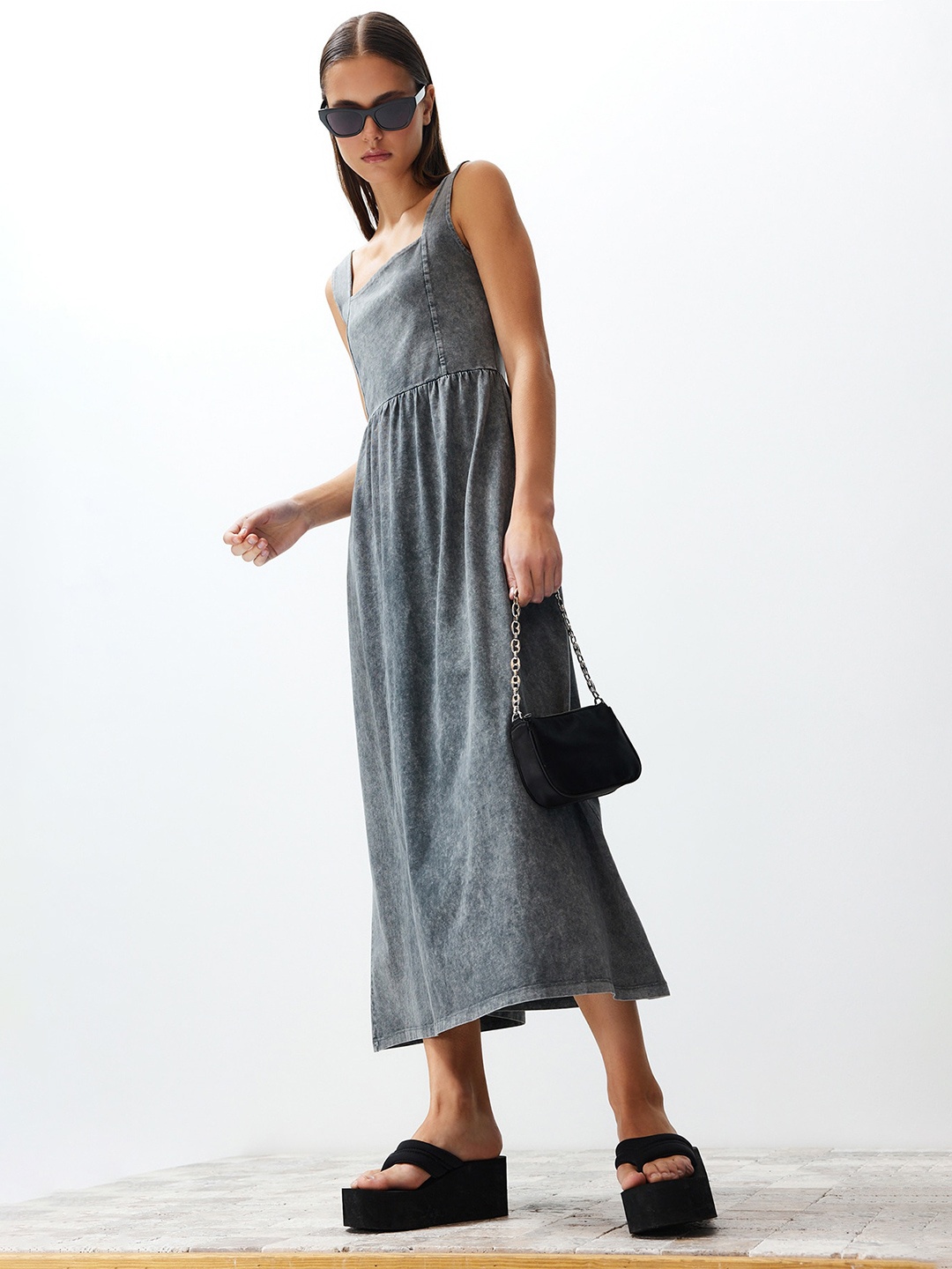 

Trendyol A-Line Pure Cotton Midi Dress, Grey