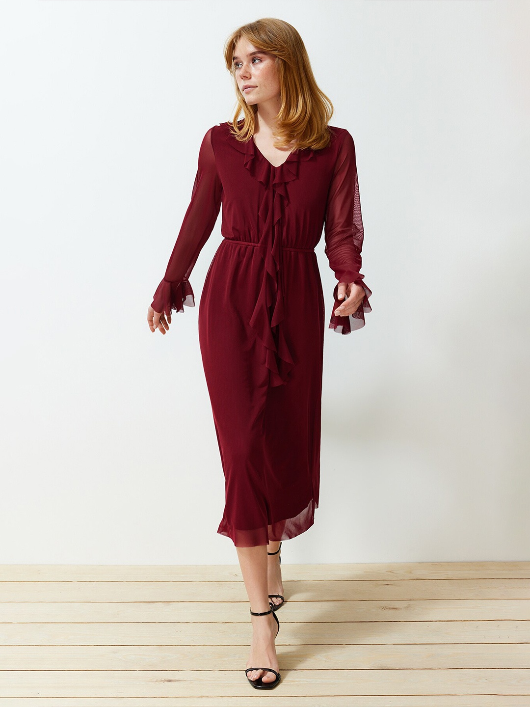 

Trendyol V-Neck Bell Sleeve Ruffled A-Line Dress, Burgundy