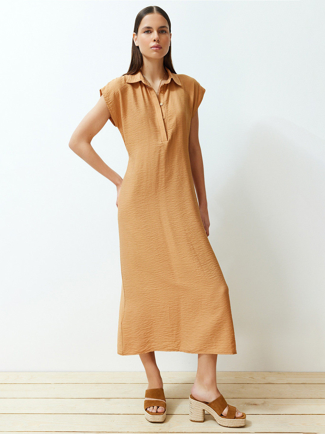 

Trendyol Shirt Collar A-Line Midi Dress, Camel brown