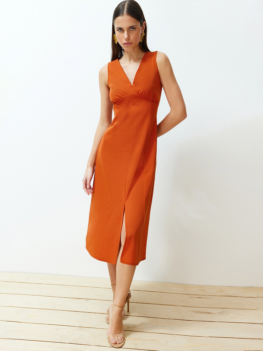 

Trendyol V-Neck A-Line Midi Dress, Rust