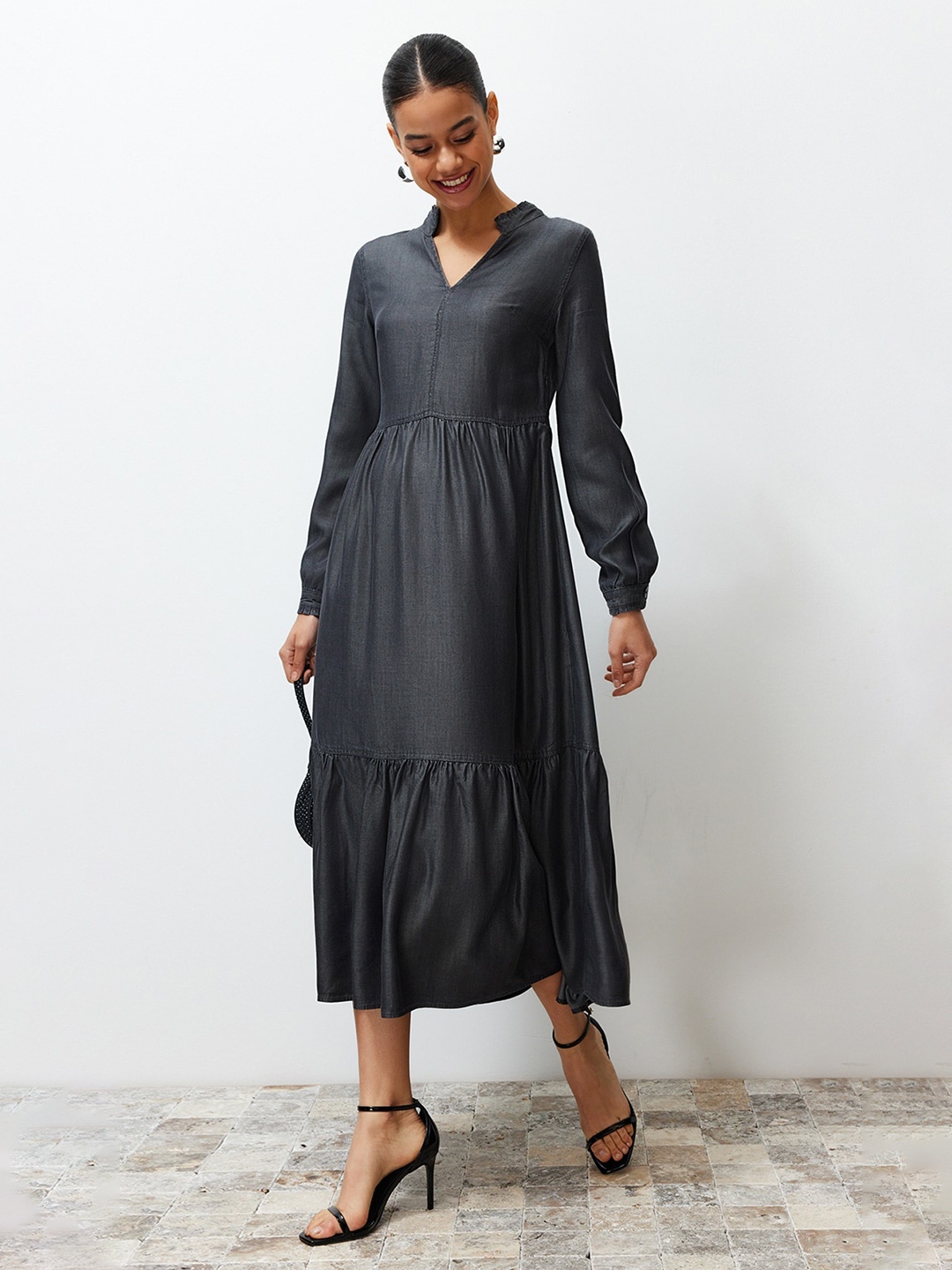 

Trendyol Mandarin Collar Cuffed Sleeve A-Line Midi Dress, Charcoal