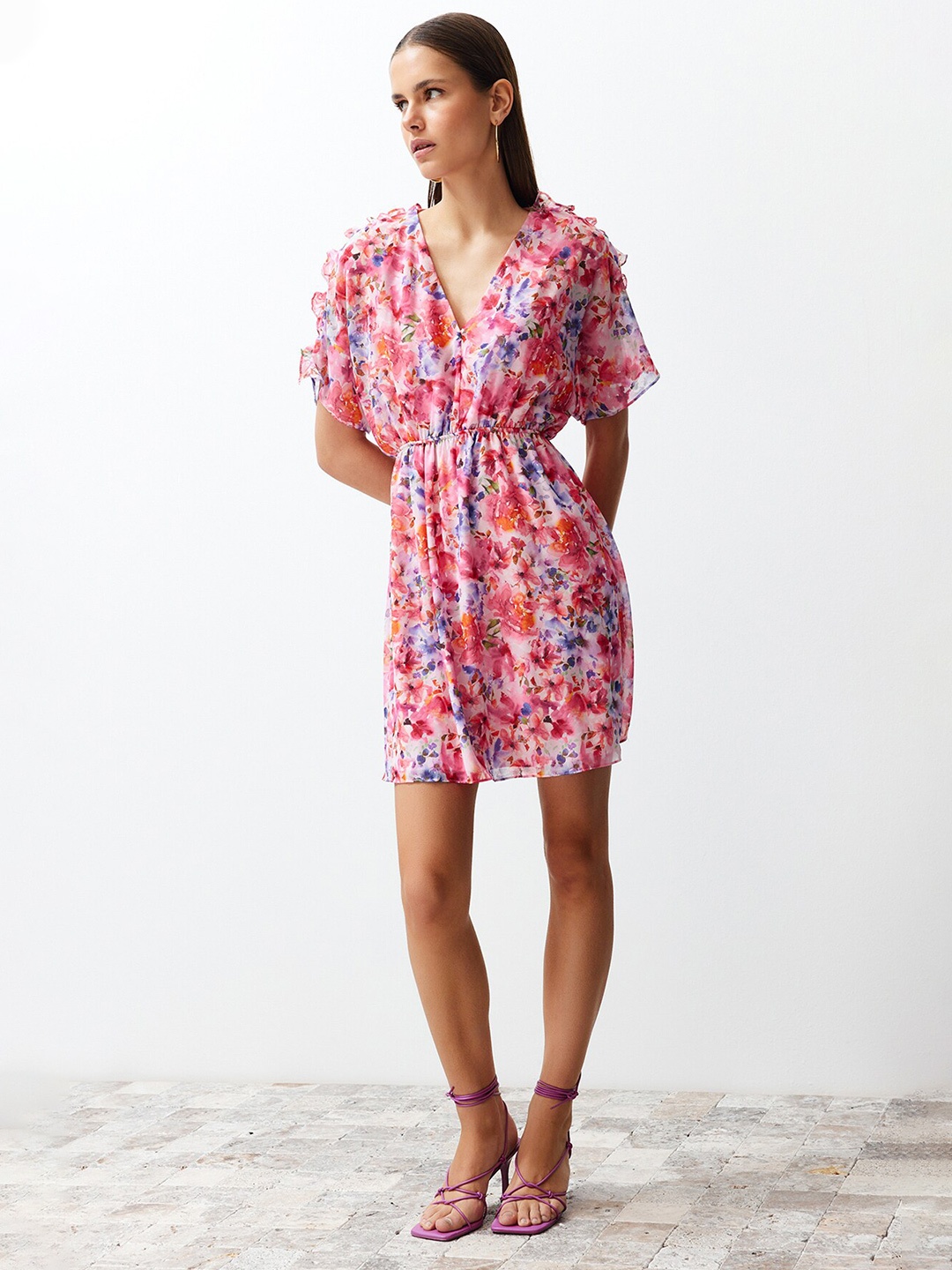 

Trendyol Floral Print Flared Sleeve Ruffled Fit & Flare Dress, Pink