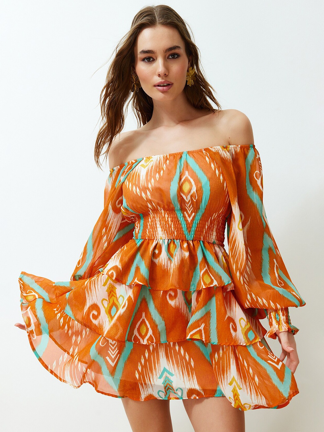 

Trendyol Ethnic Motifs Print Off-Shoulder Puff Sleeve Layered Fit & Flare Mini Dress, Orange