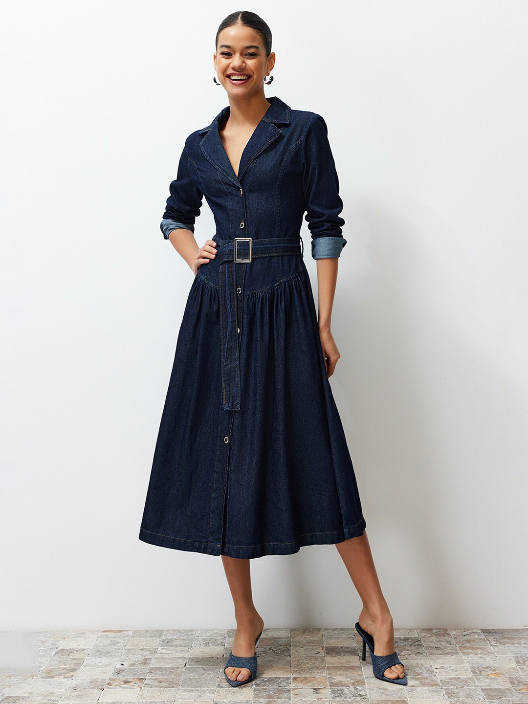 

Trendyol Shirt Collar Cuffed Sleeve Belted Pure Cotton Shirt Dress, Blue