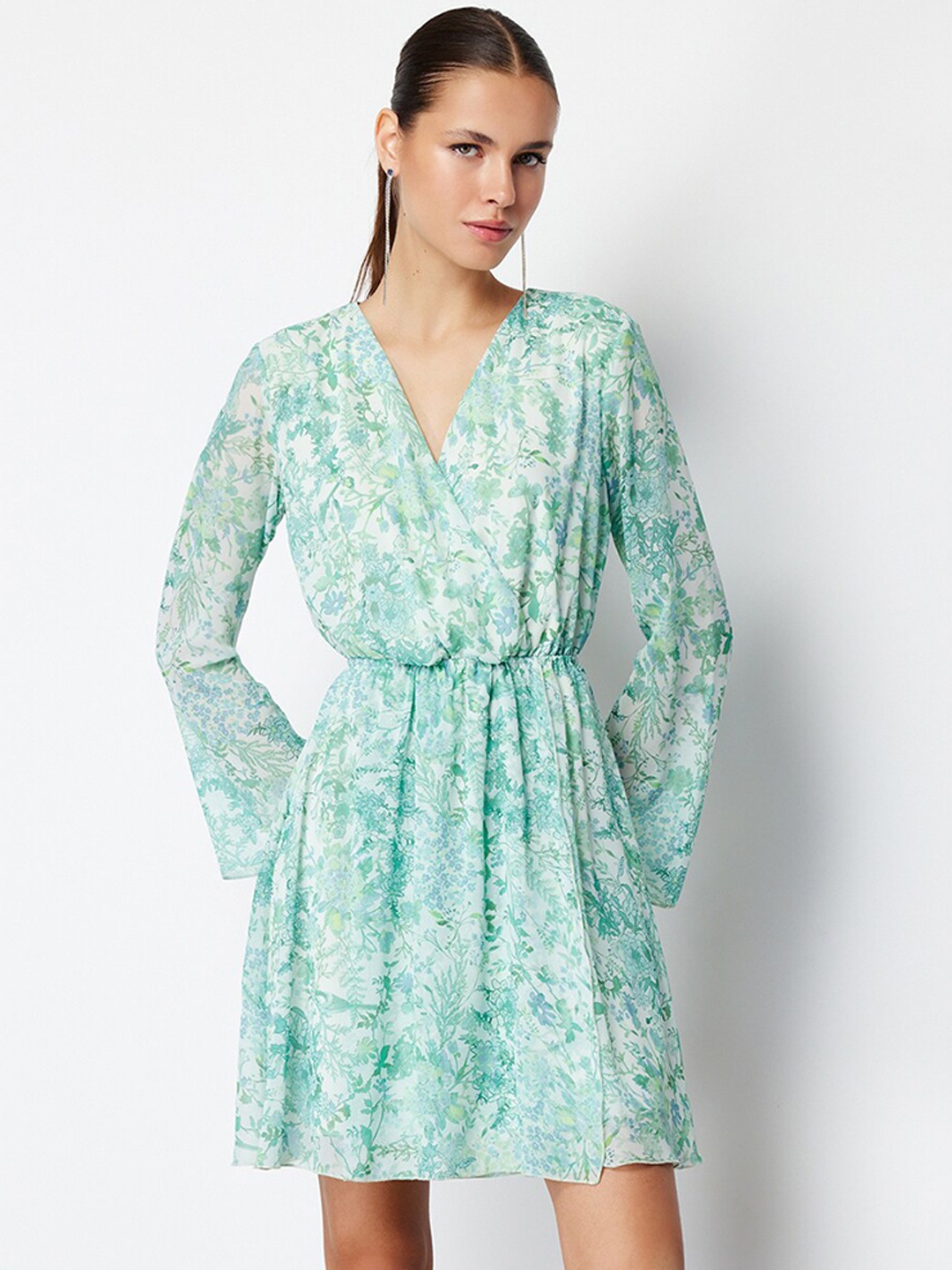 

Trendyol Floral Print Fit & Flare Dress, Sea green