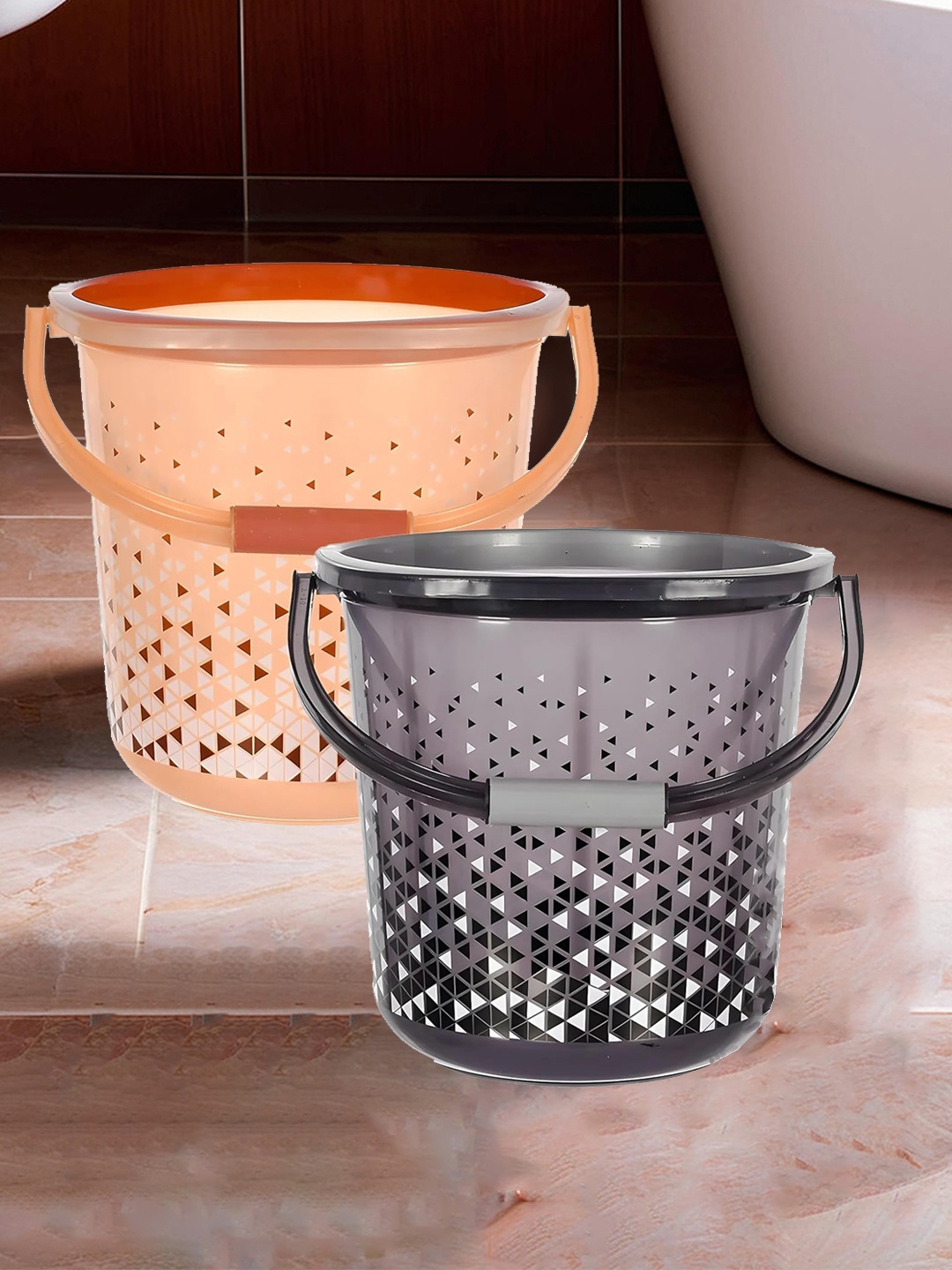 

Kuber Industries Black & Brown 2 Pieces Printed Unbreakable Bathroom Buckets 18 L