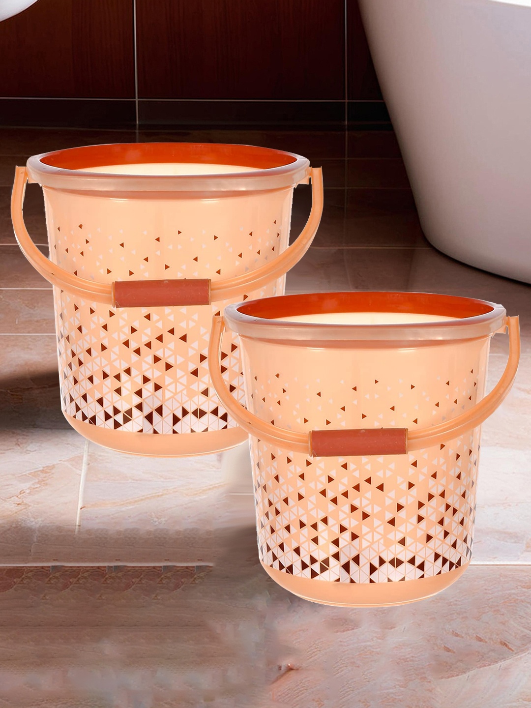

Kuber Industries Brown 2 Pieces Printed Unbreakable Bathroom Buckets 18 L