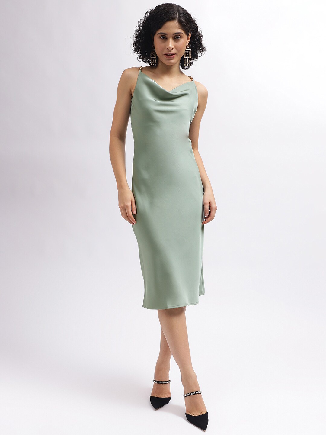 

CENTRESTAGE Cowl Neck Shoulder Straps A-Line Dress, Green