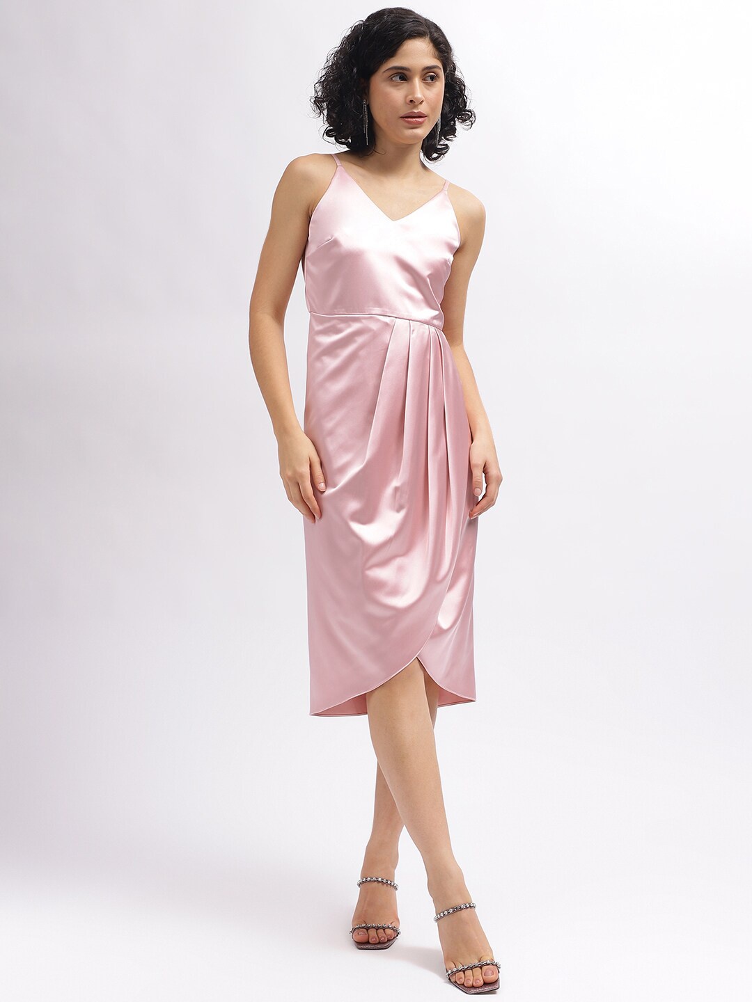 

CENTRESTAGE V-Neck Shoulder Straps Pleated Sheath Midi Dress, Pink
