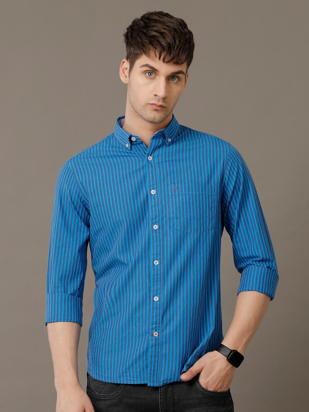 

Double Two Comfort Slim Fit Striped Spread Collar Cotton Shirt, Blue