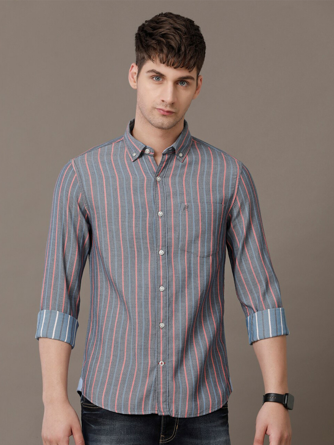 

Double Two Comfort Slim Fit Striped Spread Collar Cotton Shirt, Grey