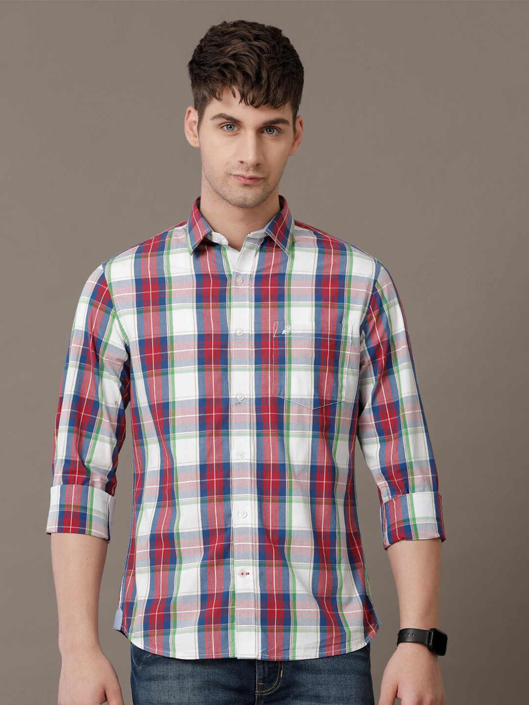 

Double Two Comfort Slim Fit Tartan Checked Spread Collar Oxford Cotton Casual Shirt, White