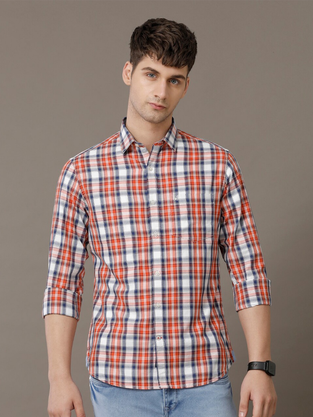 

Double Two Comfort Slim Fit Tartan Checked Spread Collar Cotton Shirt, Red