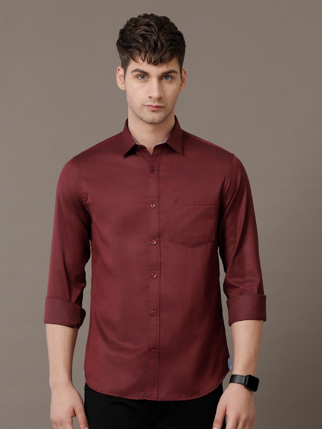 

Double Two Comfort Slim Fit Spread Collar Cotton Shirt, Maroon