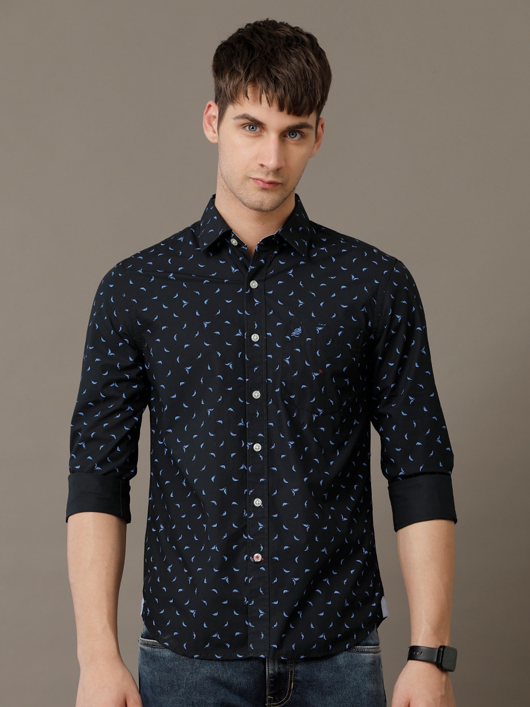 

Double Two Men Comfort Slim Fit Micro Ditsy Printed Cotton Casual Shirt, Navy blue