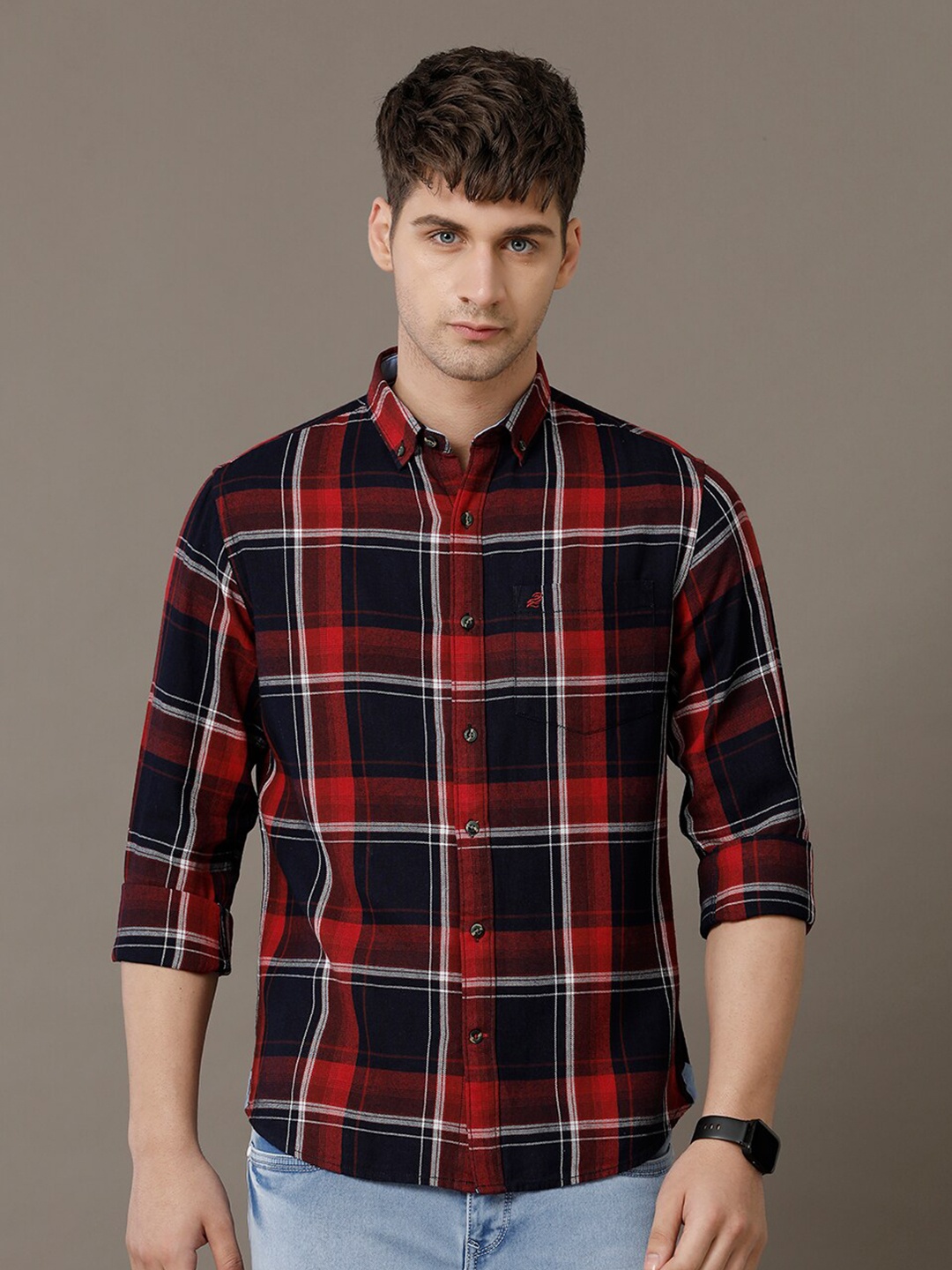 

Double Two Comfort Slim Fit Tartan Checked Spread Collar Cotton Shirt, Red