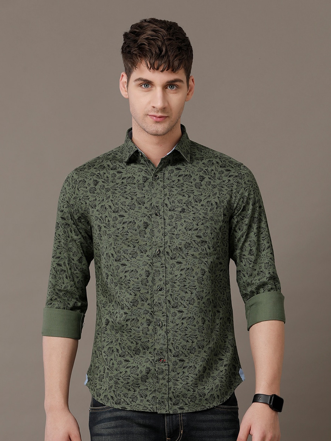 

Double Two Comfort Slim Fit Micro Ditsy Printed Cotton Casual Shirt, Green