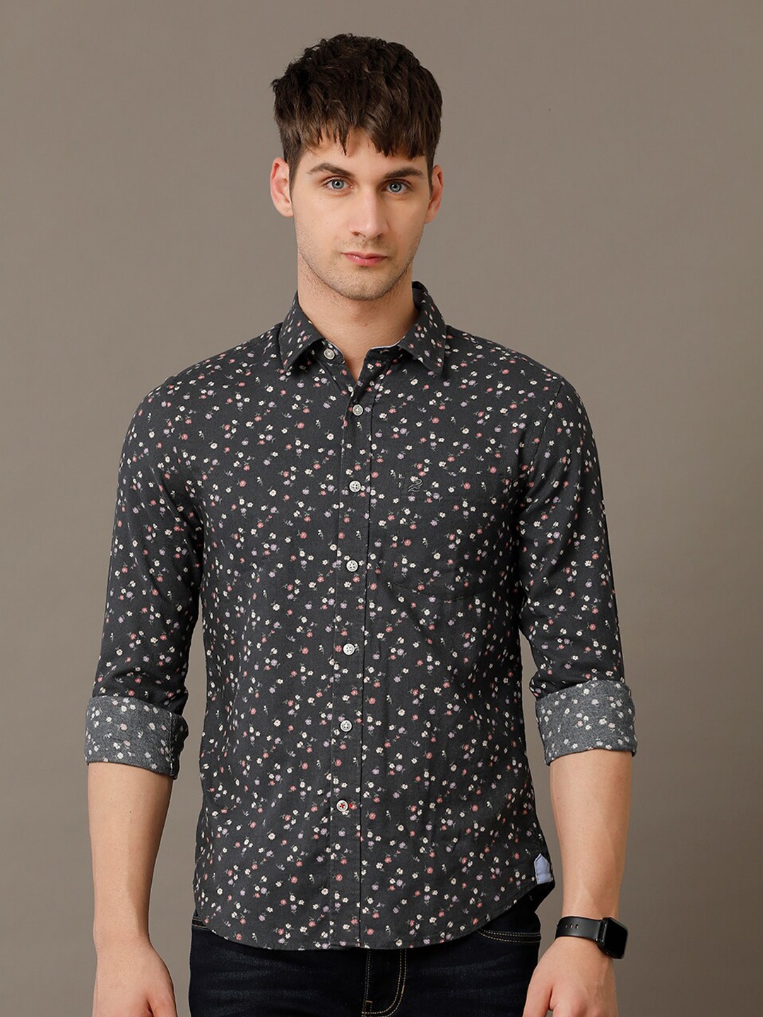 

Double Two Comfort Slim Fit Floral Printed Spread Collar Cotton Casual Shirt, Black